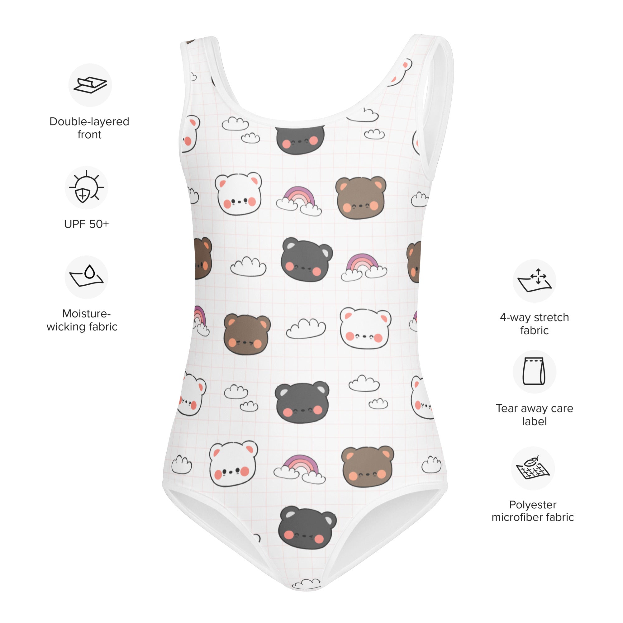 Girls kawaii bear and rainbow buttery soft white one-piece swimsuit with playful pattern and upf 50 plus protection