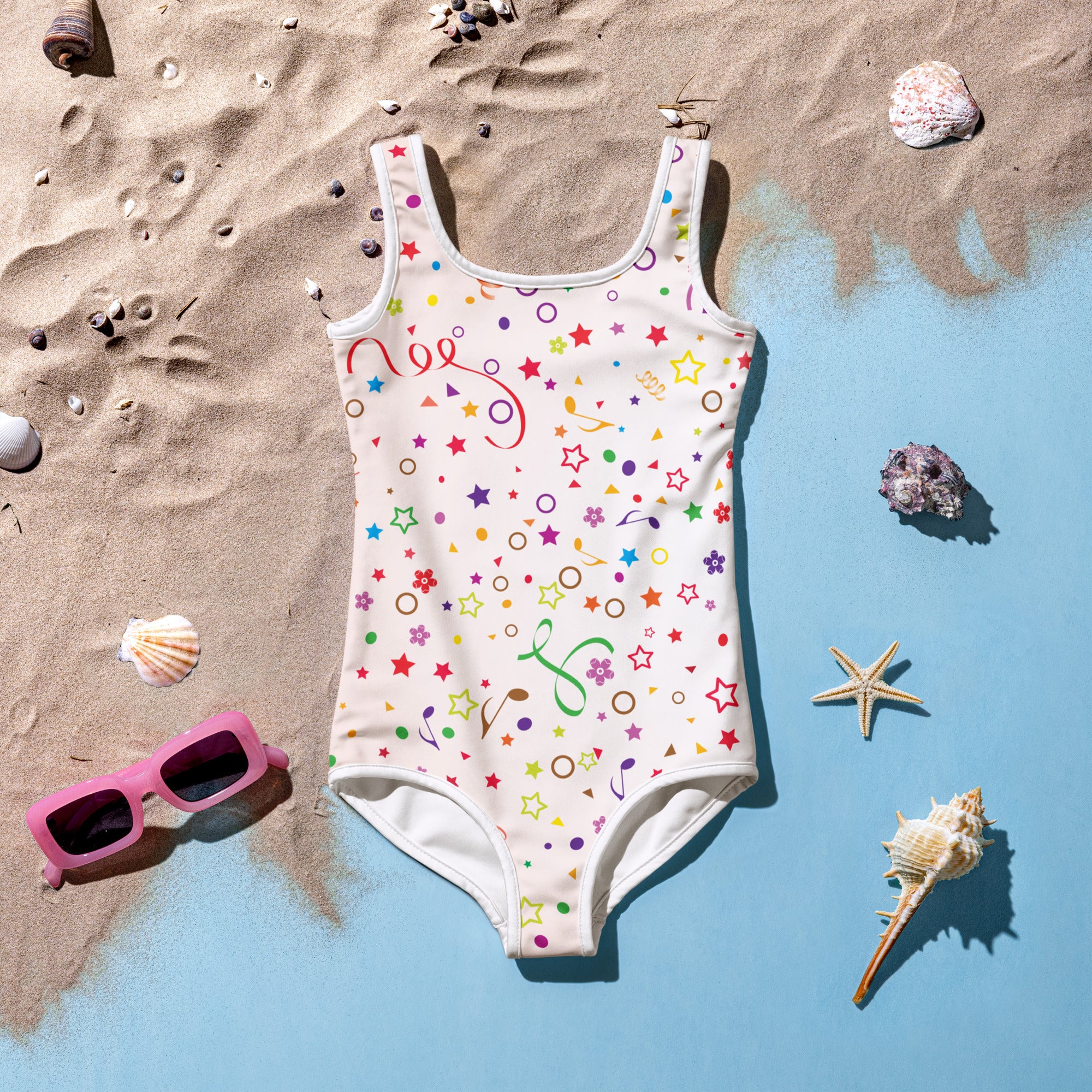 Girls party confetti buttery soft white one-piece swimsuit with rainbow stars and UPF 50 plus sun protection