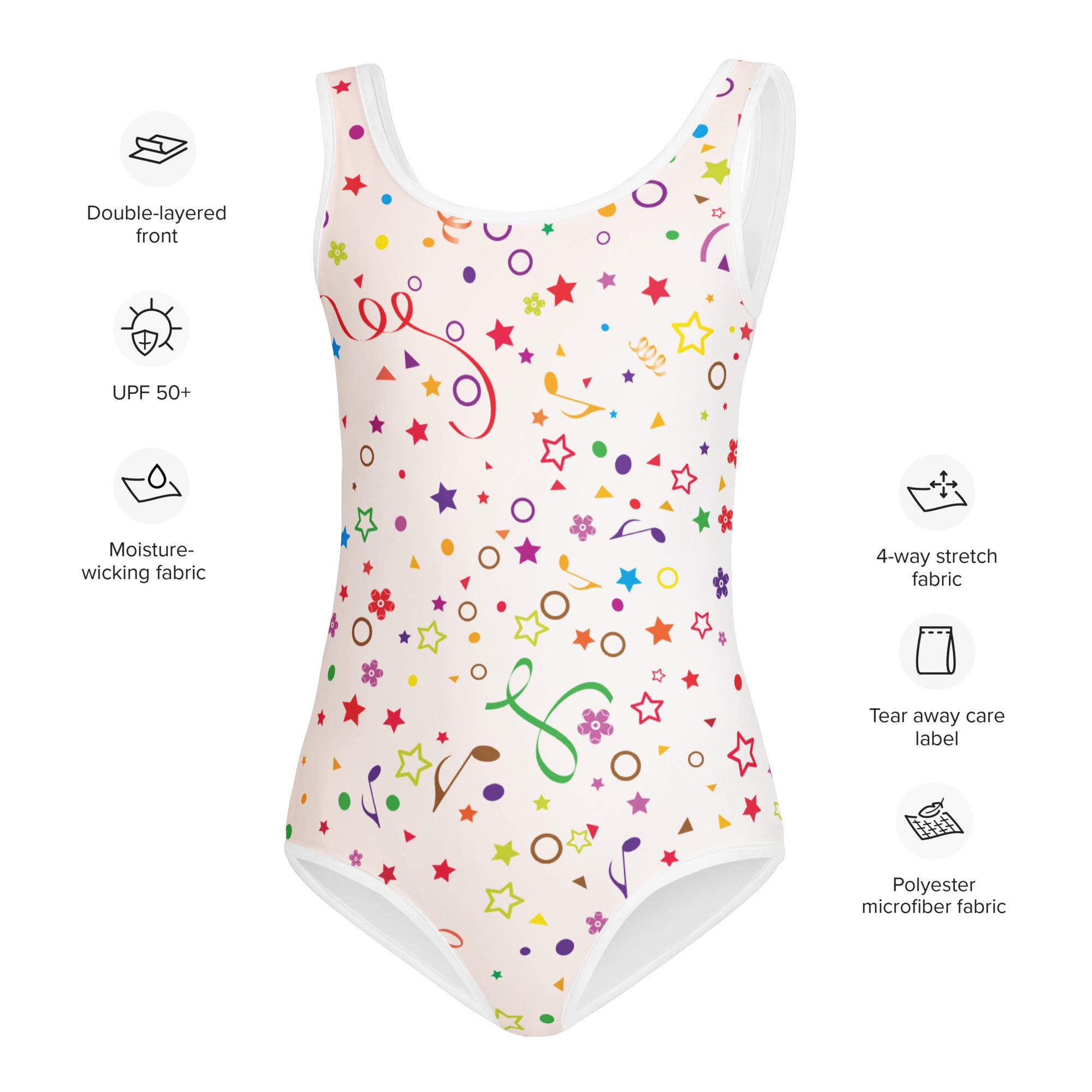 Girls party confetti buttery soft one-piece swimsuit with UPF 50 plus featuring multicolored stars circles and musical notes