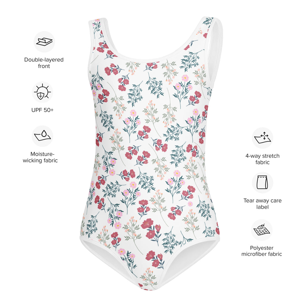 Girls wildflower meadow buttery soft white one-piece swimsuit with pink floral pattern made of polyester microfiber with UPF 50+