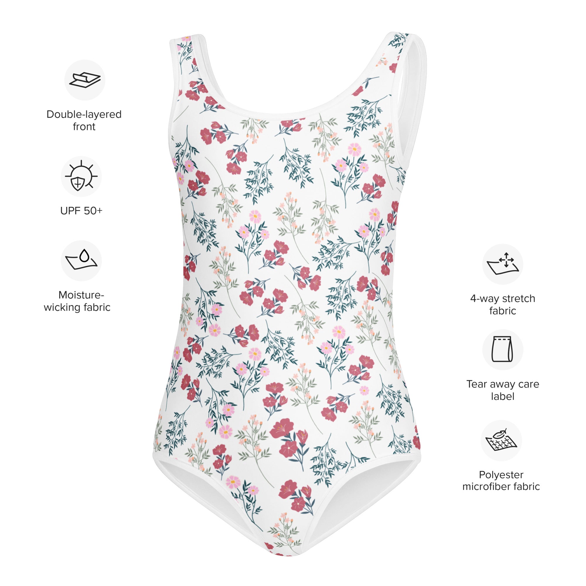 Girls wildflower meadow buttery soft white one-piece swimsuit with pink floral pattern made of polyester microfiber with UPF 50+