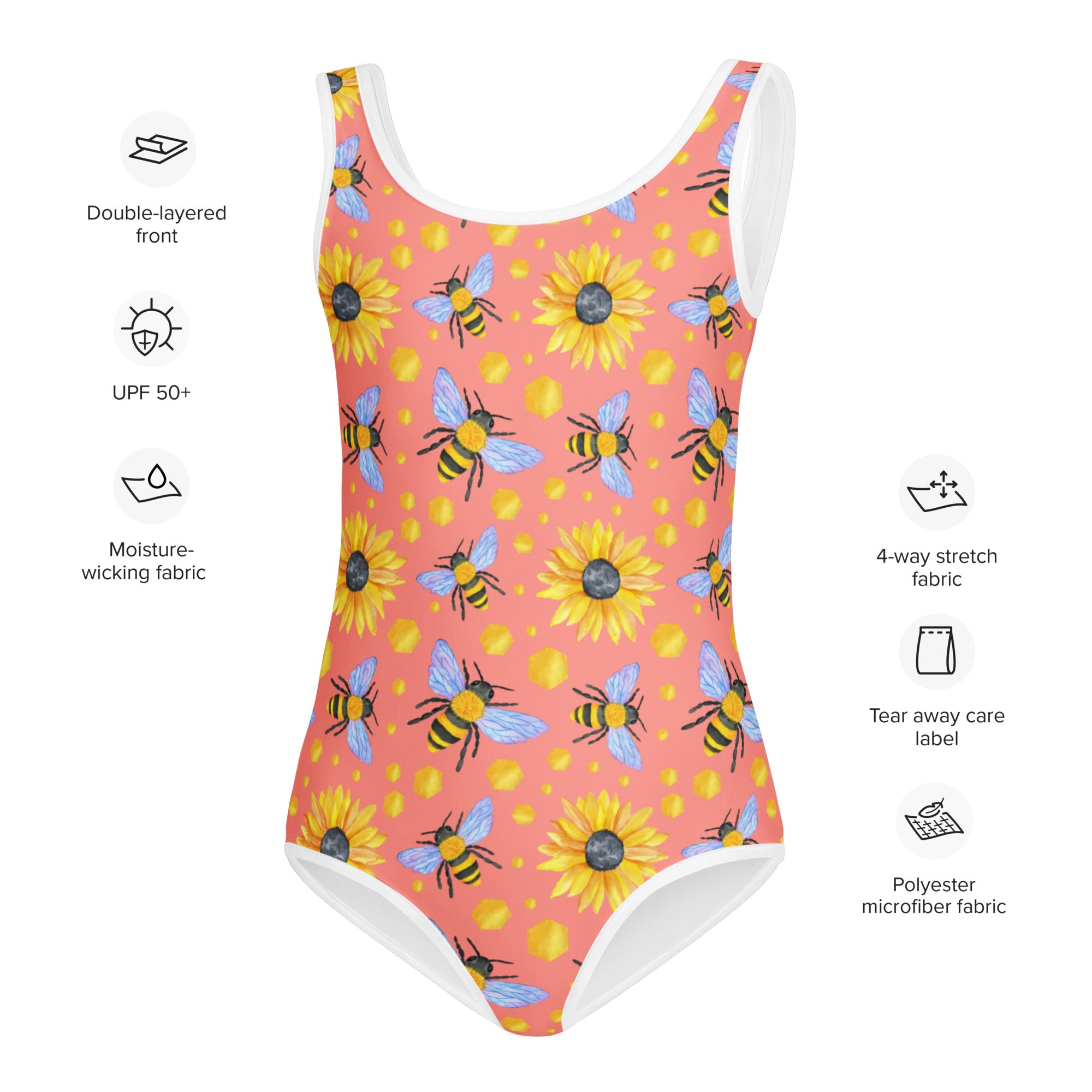 Girls bee and sunflower buttery soft coral swimsuit with UPF 50 plus featuring yellow sunflowers bees and white trim
