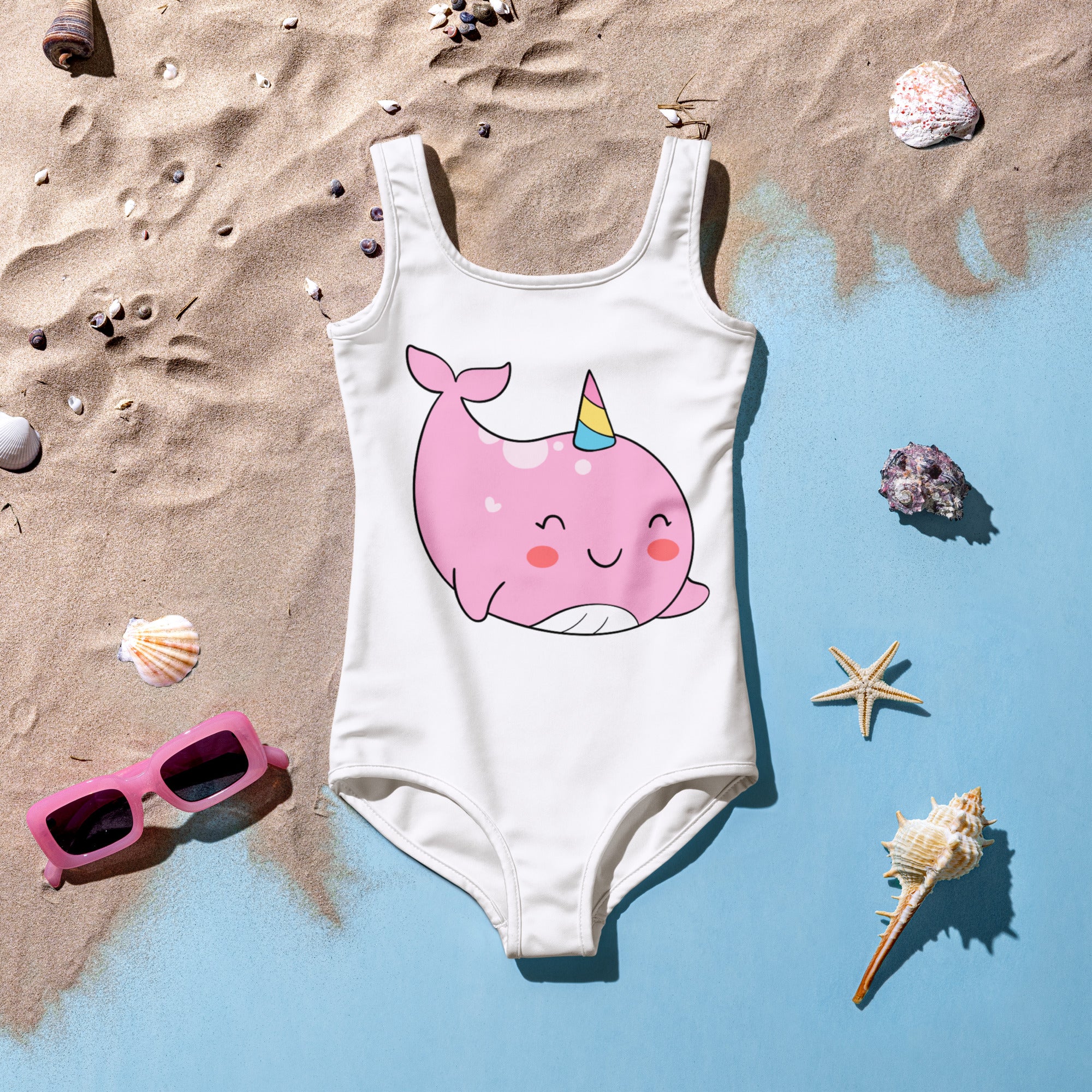 White girls kawaii narwhal unicorn one-piece swimsuit with pink cartoon design buttery soft fabric upf 50+ protection
