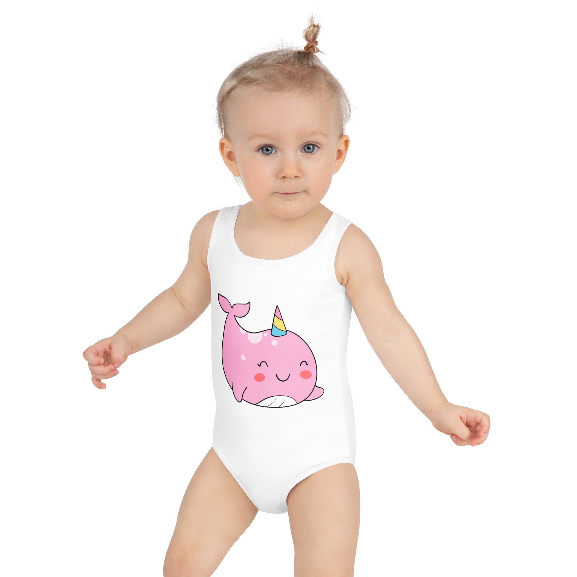 White one-piece girls swimsuit with pink kawaii narwhal unicorn design and buttery soft fabric with UPF 50 plus protection