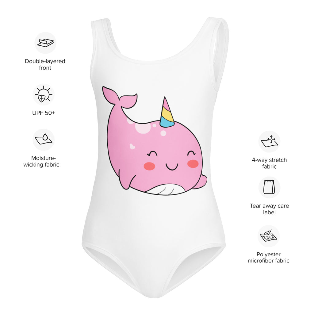 White girls one-piece swimsuit with kawaii pink narwhal unicorn design and buttery soft fabric with UPF 50+ protection