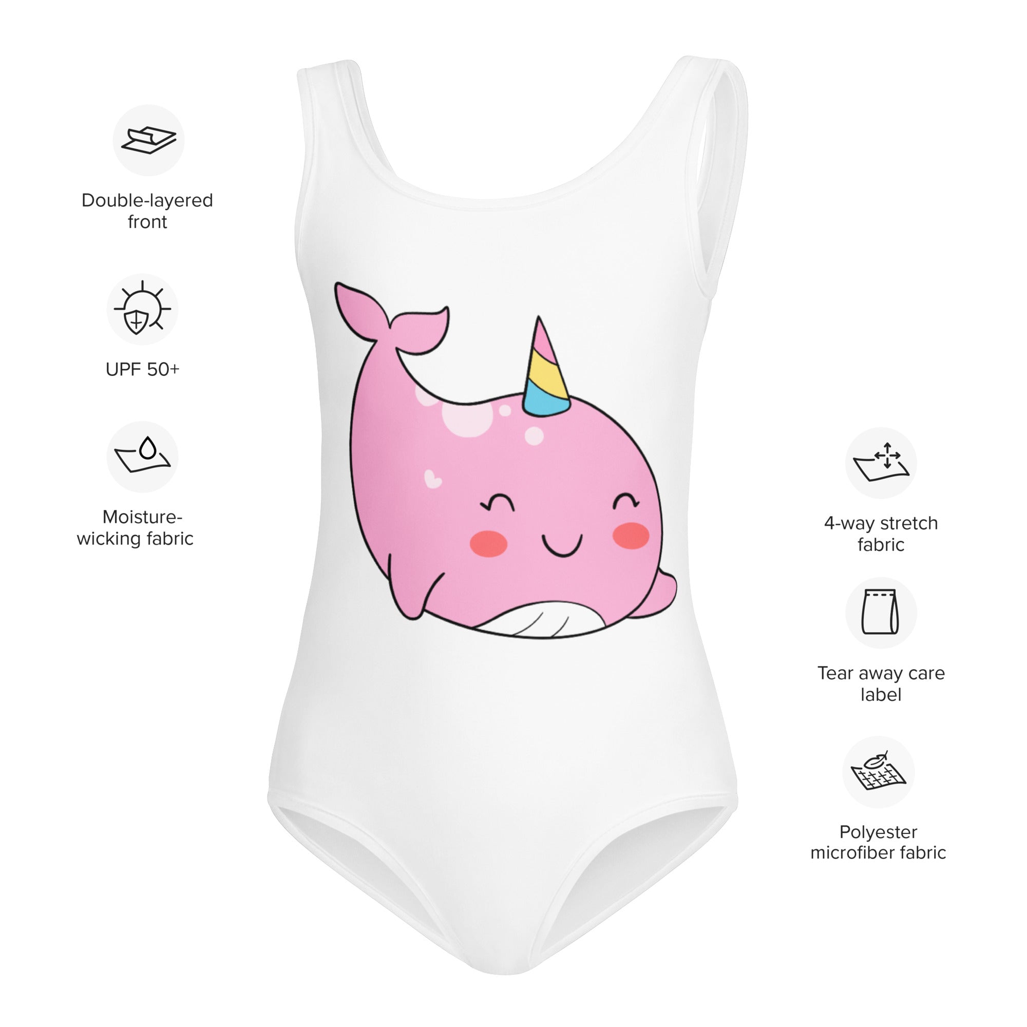 White girls one-piece swimsuit with kawaii pink narwhal unicorn design and buttery soft fabric with UPF 50+ protection