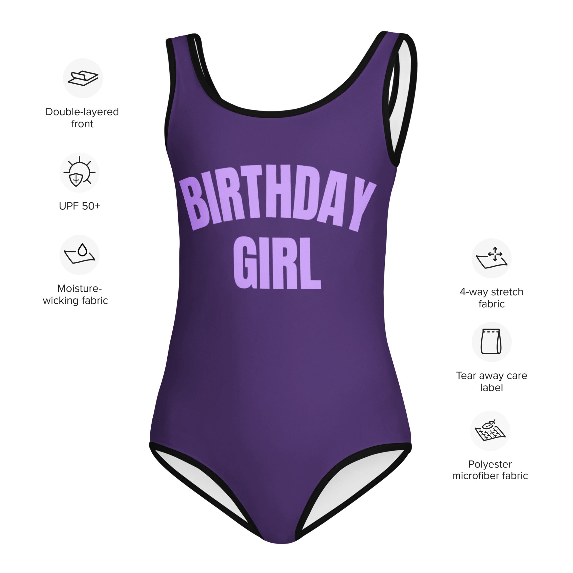 Girls purple birthday girl one-piece swimsuit with black trim and white lining perfect for special occasions