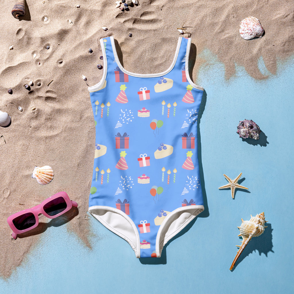 Girls blue birthday party buttery soft swimsuit with playful gifts cakes hats and candles print and upf 50+ protection