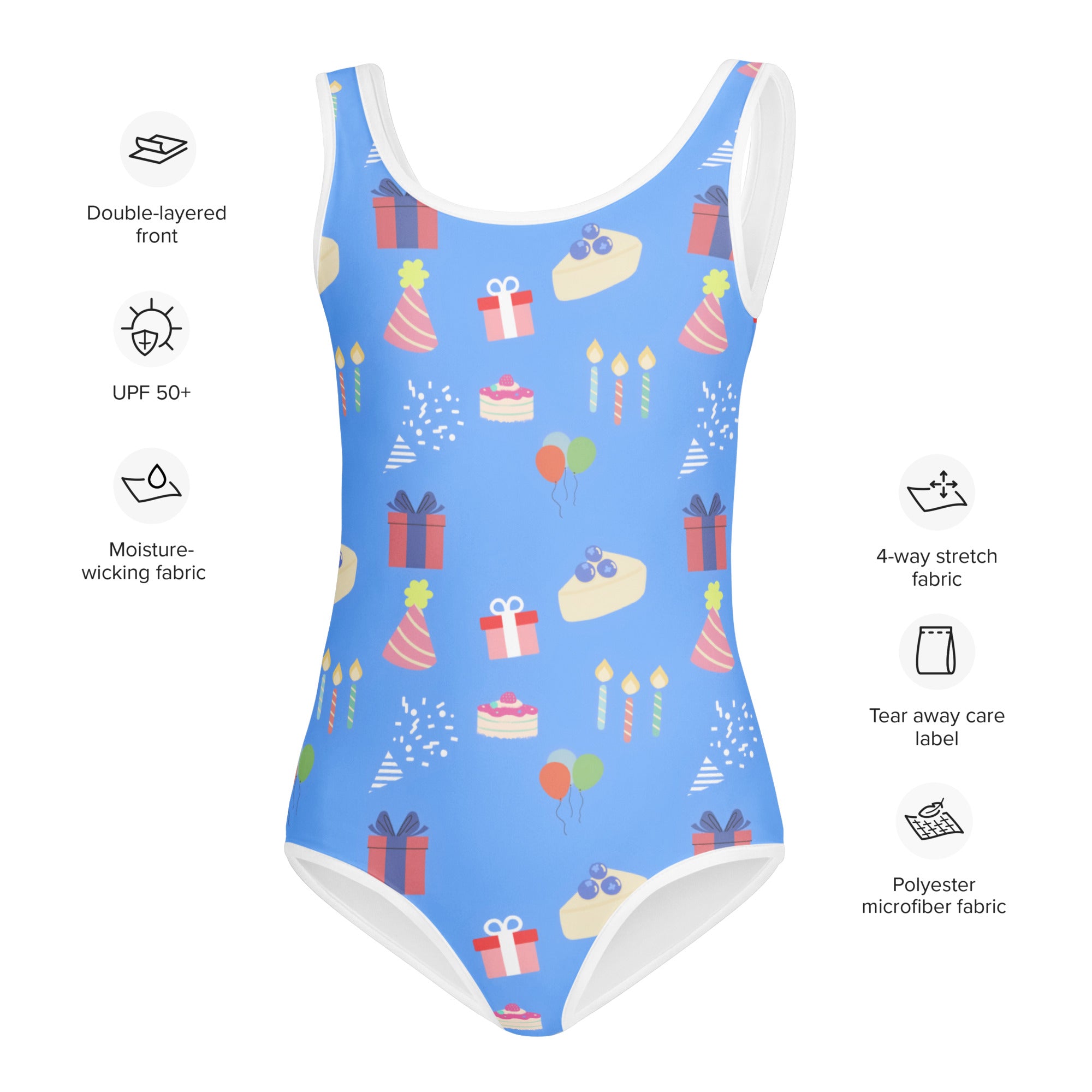 Girls blue buttery soft one-piece swimsuit with upf 50 plus and festive birthday party print on light blue background