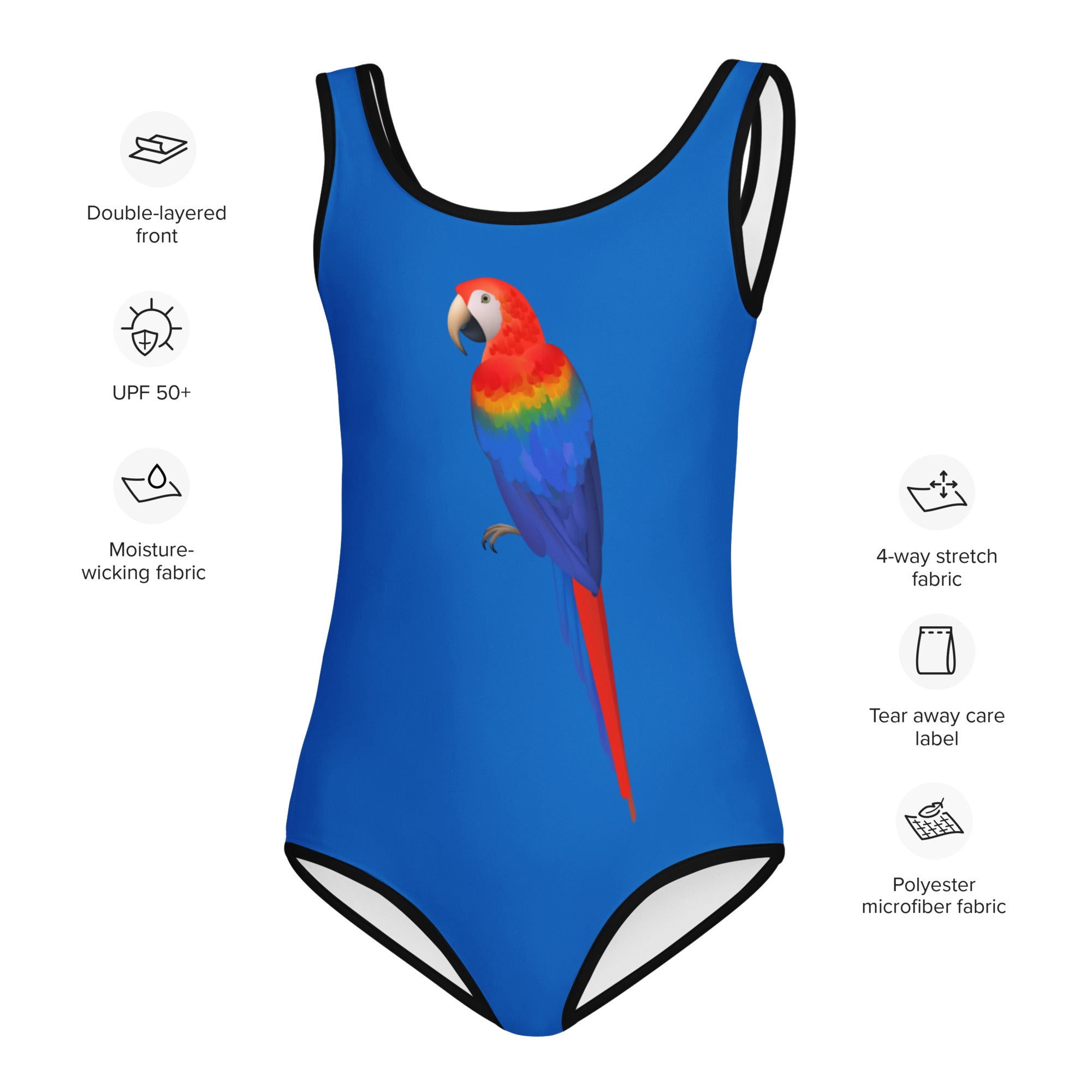 Girls blue tropical parrot buttery soft swimsuit with vibrant rainbow macaw print black trim and UPF 50+ protection