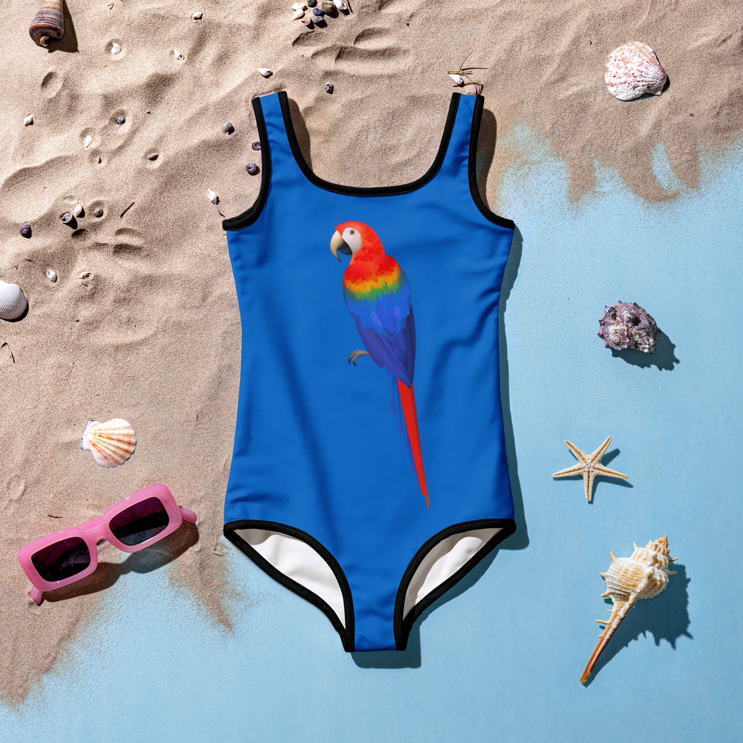 Girls Blue Tropical Parrot Buttery Soft Swimsuit With UPF 50+