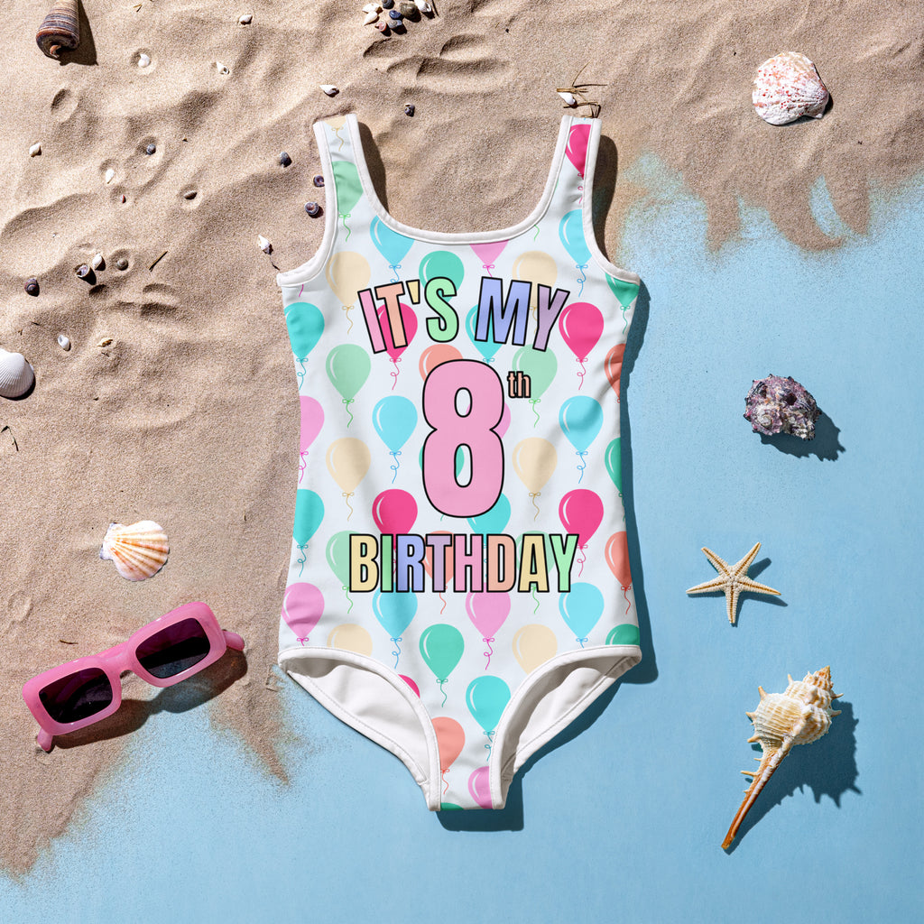 Girls Rainbow Balloon Custom Age It's My Birthday Swimsuit