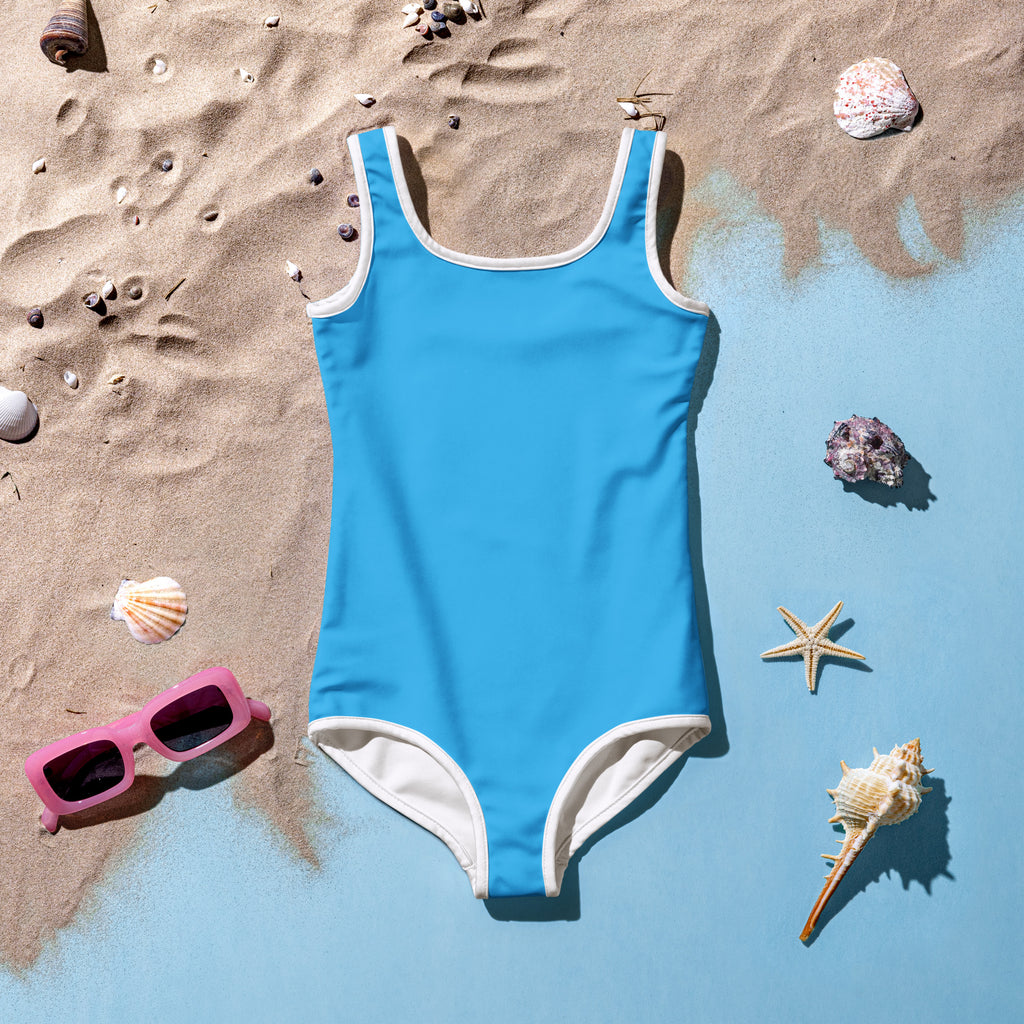 A vibrant sky blue girls one-piece swimsuit with white trim made of buttery soft fabric with UPF 50+ protection