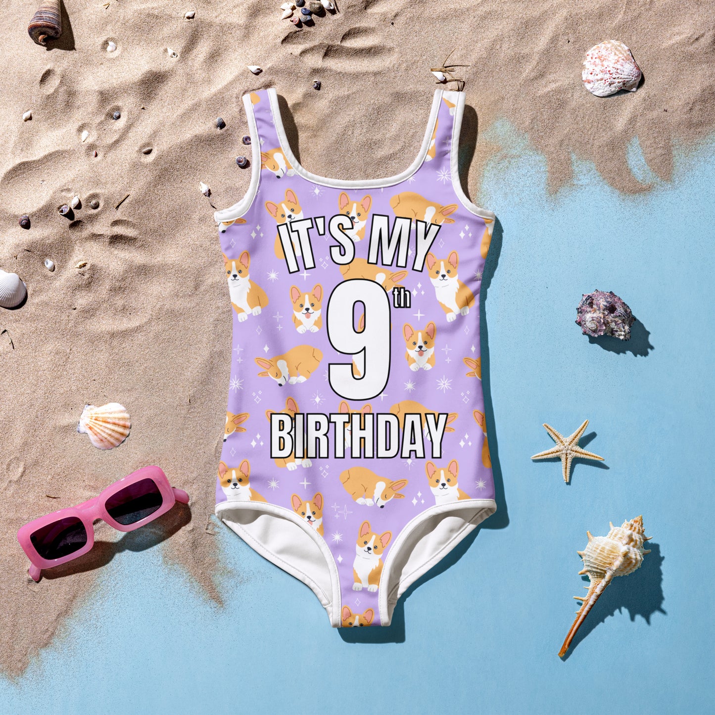 Girls Purple Corgi Dog Custom Age It's My Birthday Swimsuit