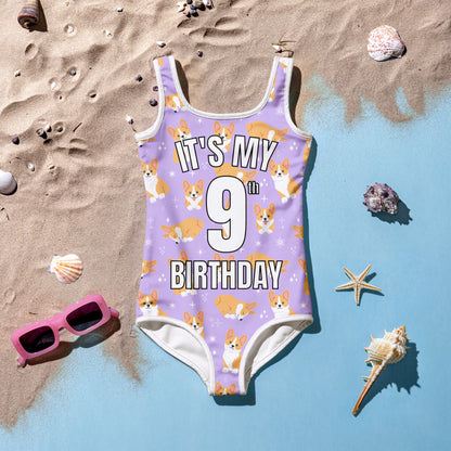 Girls Purple Corgi Dog Custom Age It's My Birthday Swimsuit