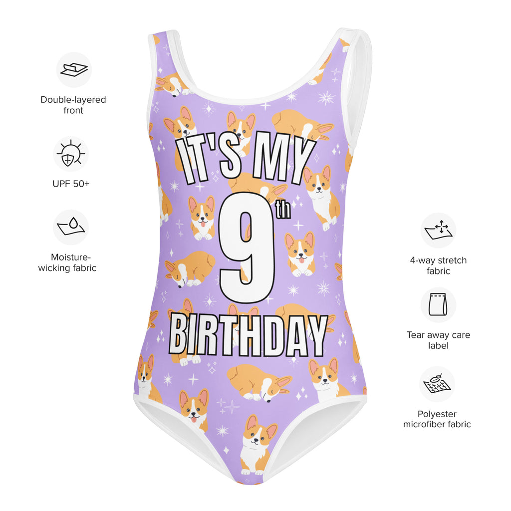 Girls Purple Corgi Dog Custom Age It's My Birthday Swimsuit, product specifications