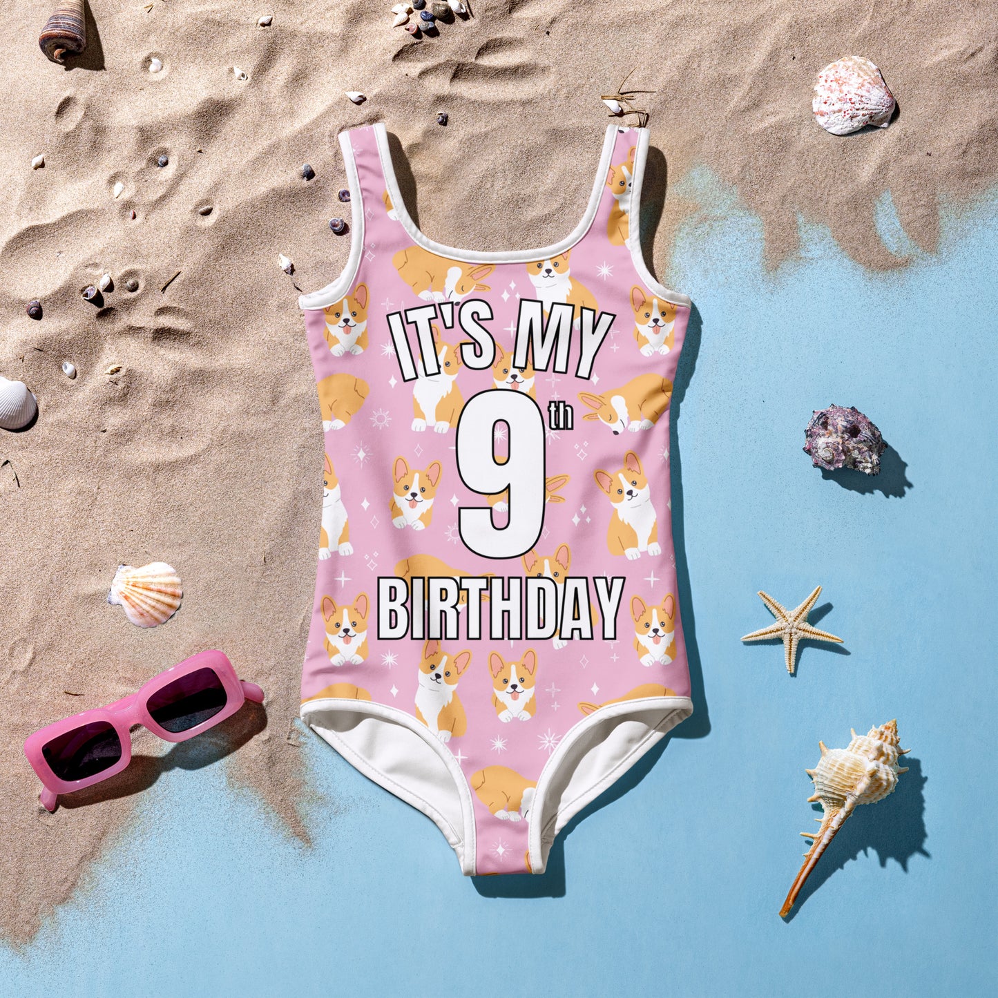 Girls Pink Corgi Dog Custom Age It's My Birthday Swimsuit