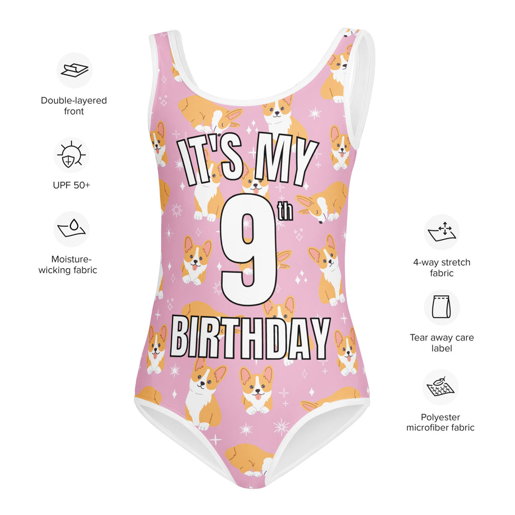 Girls Pink Corgi Dog Custom Age It's My Birthday Swimsuit, product specifications