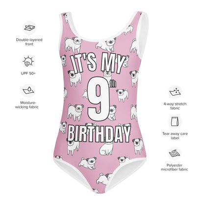 Girls Pink Pug Custom Age It's My Birthday Swimsuit