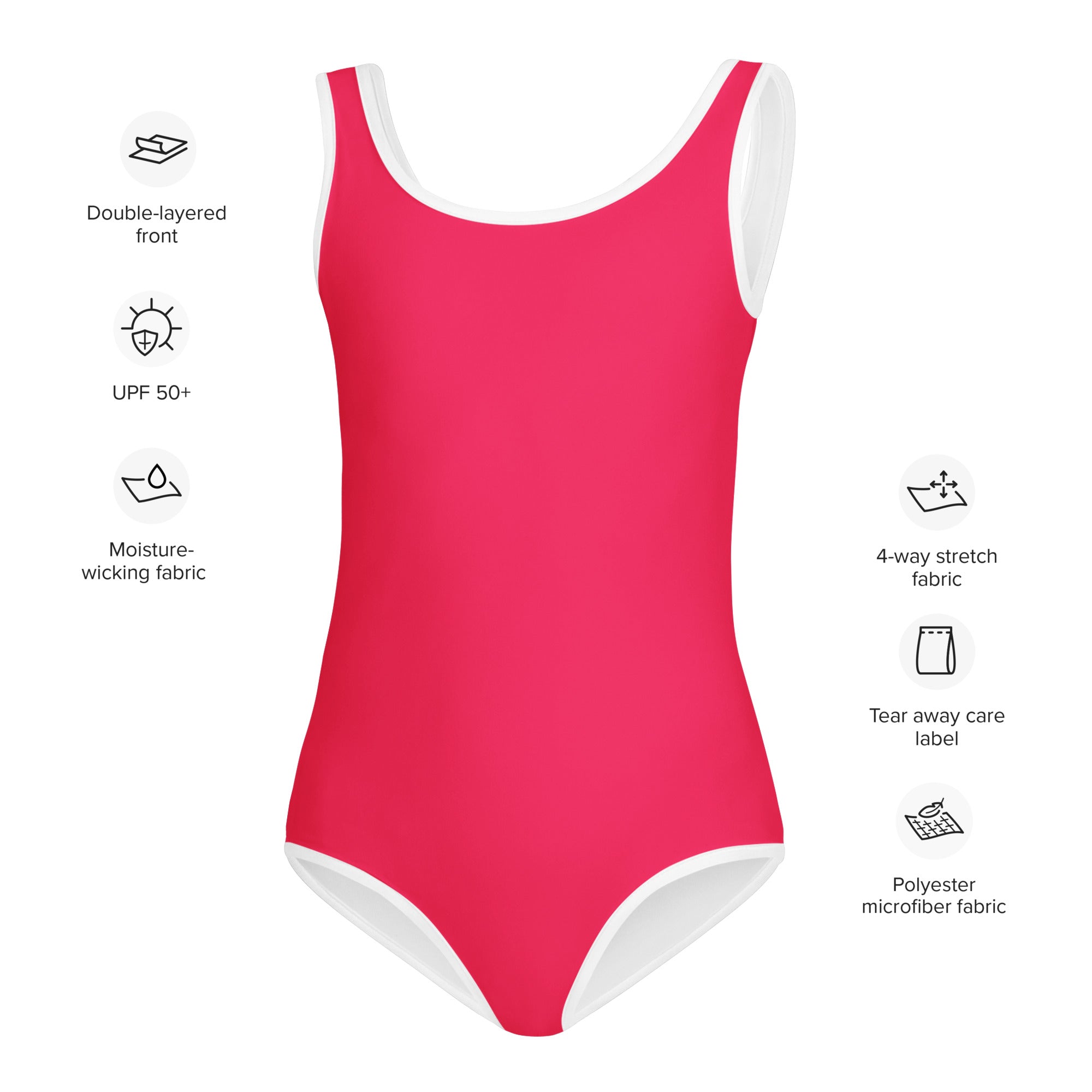 A vibrant crimson pink girls one-piece swimsuit with buttery soft fabric white trim and UPF 50 protection