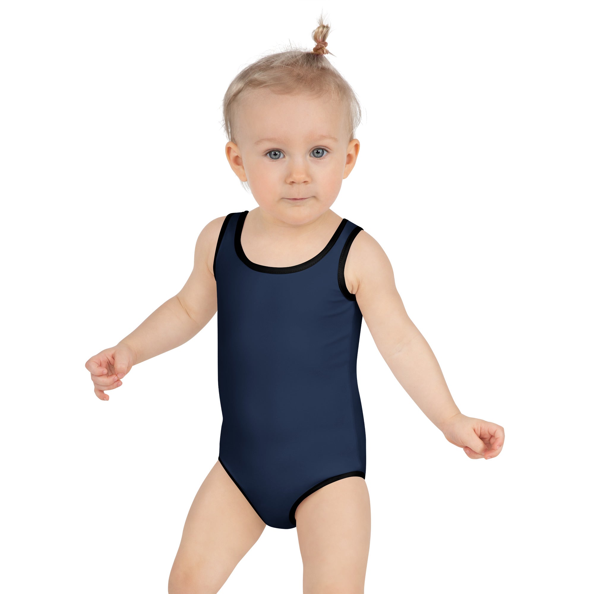 Girls navy blue buttery soft one-piece swimsuit with black trim and upf 50 plus sun protection for outdoor swim