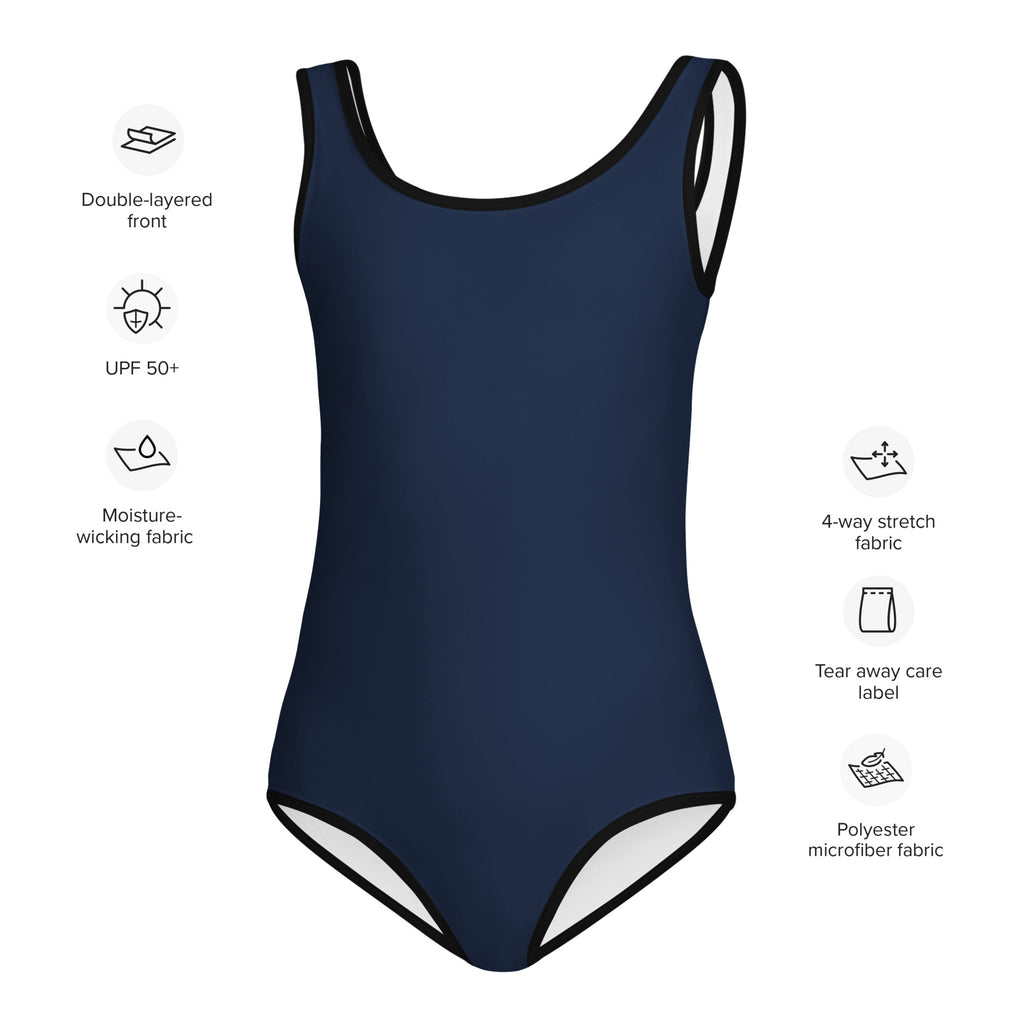 Girls navy blue buttery soft one-piece swimsuit with black trim white lining and UPF 50 sun protection