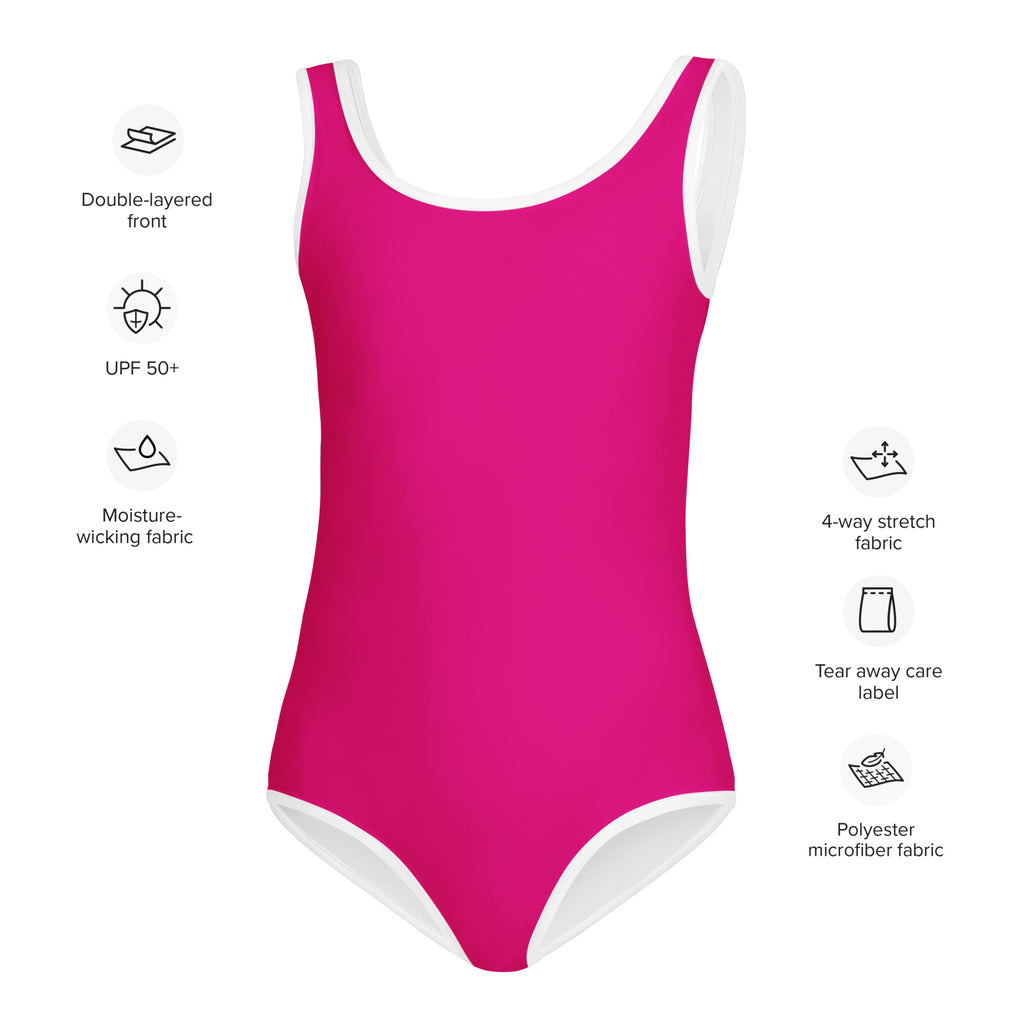 A girls violet red buttery soft one-piece swimsuit with white trim and UPF 50 plus sun protection