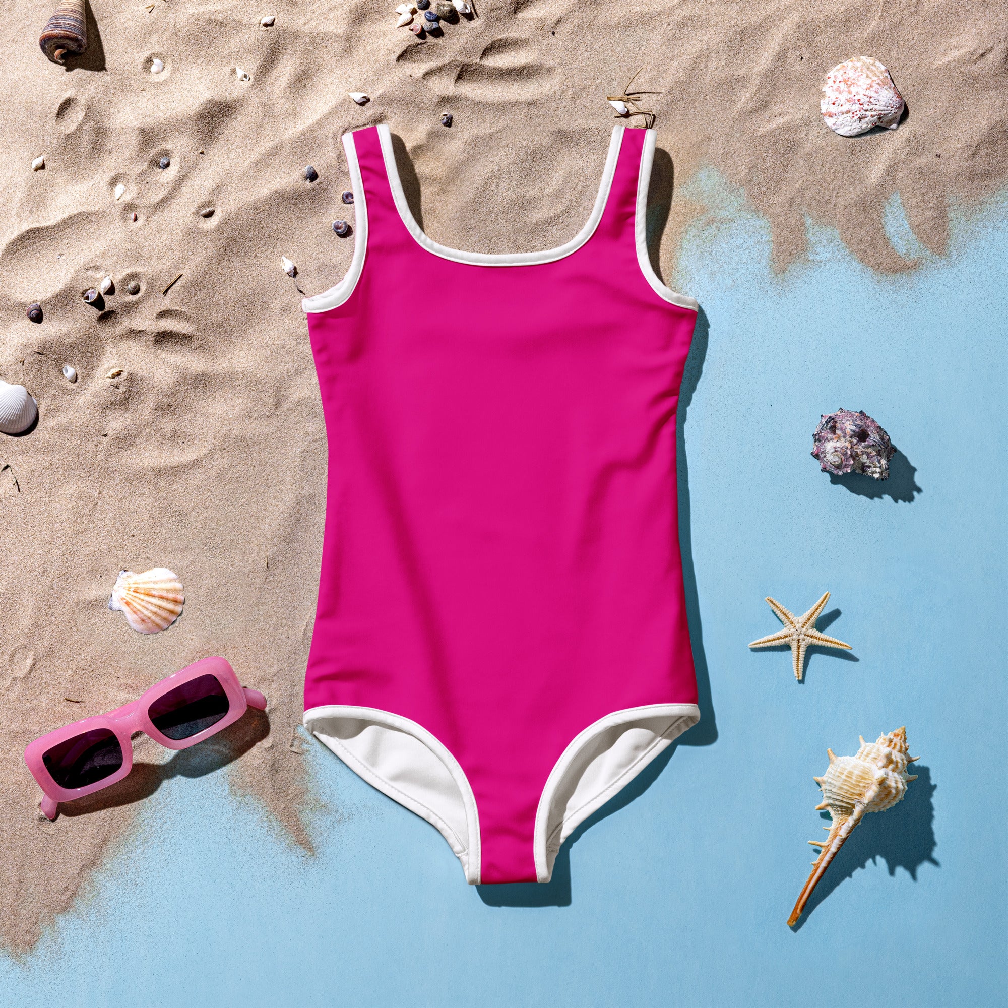 Girls violet red buttery soft one-piece swimsuit with white trim and upf 50 plus for sun protection