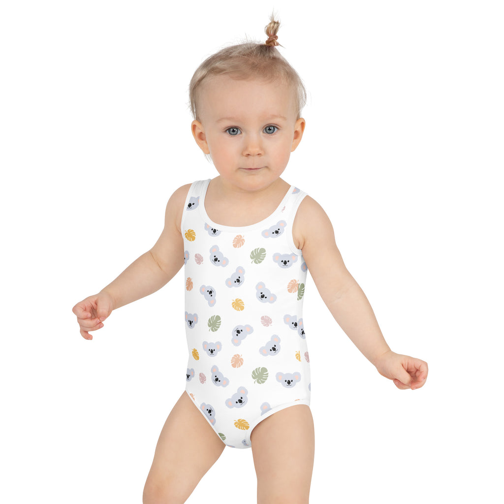White girls one-piece swimsuit with gray koala pattern colorful tropical leaves buttery soft fabric UPF 50+ protection