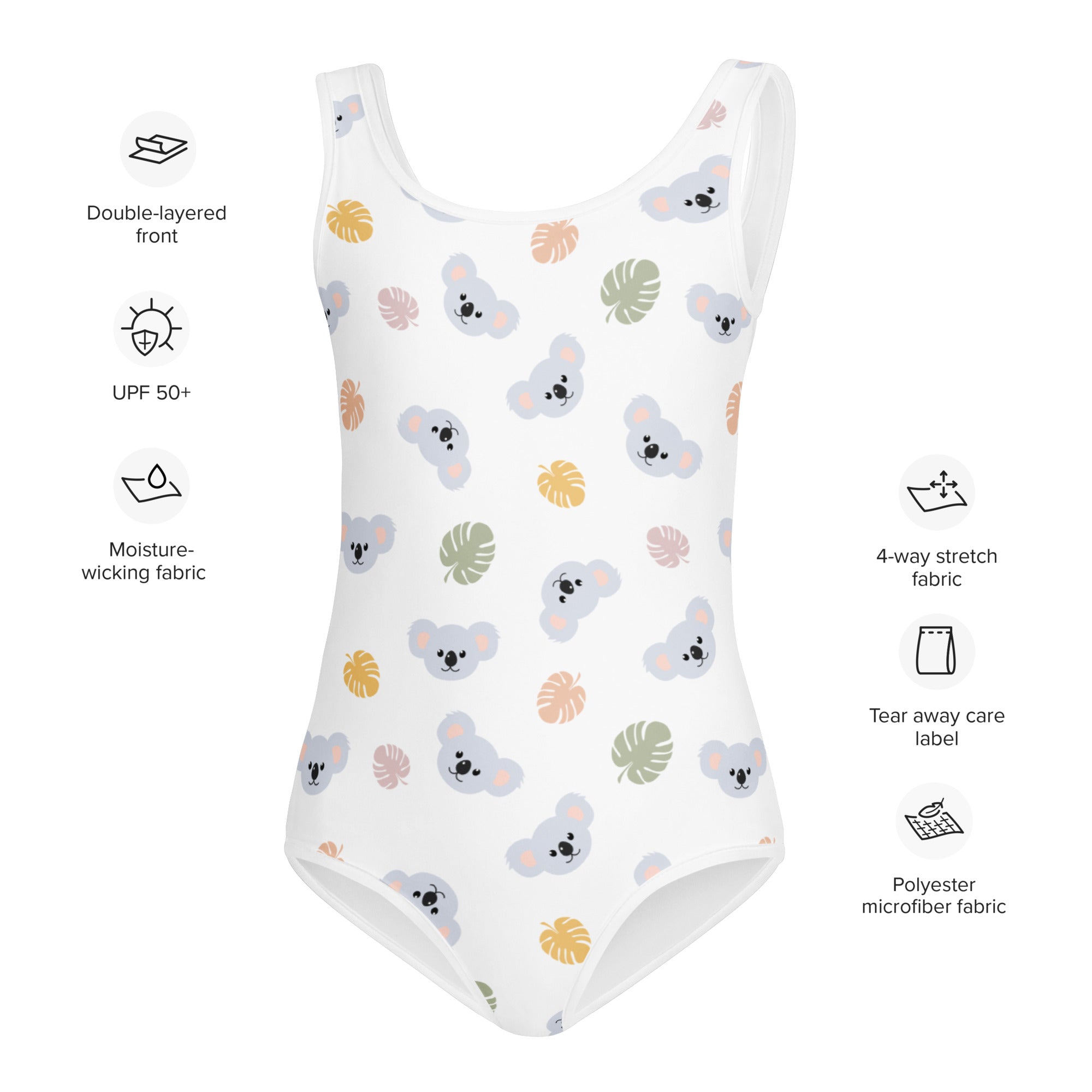 Girls koala bear buttery soft white one-piece swimsuit with gray koalas and tropical leaves in soft yellow pink green hues with UPF 50+