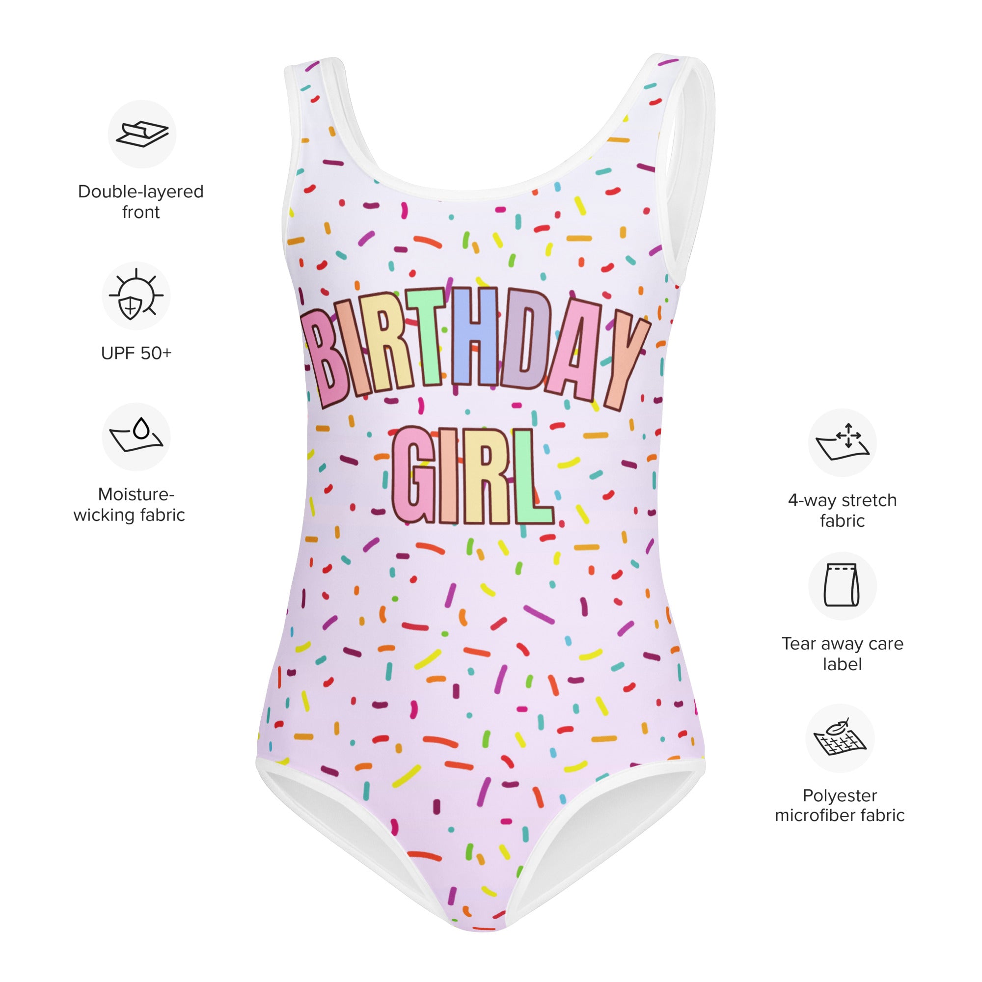 White buttery soft one-piece swimsuit with rainbow birthday girl print and colorful sprinkles for dance and gymnastics