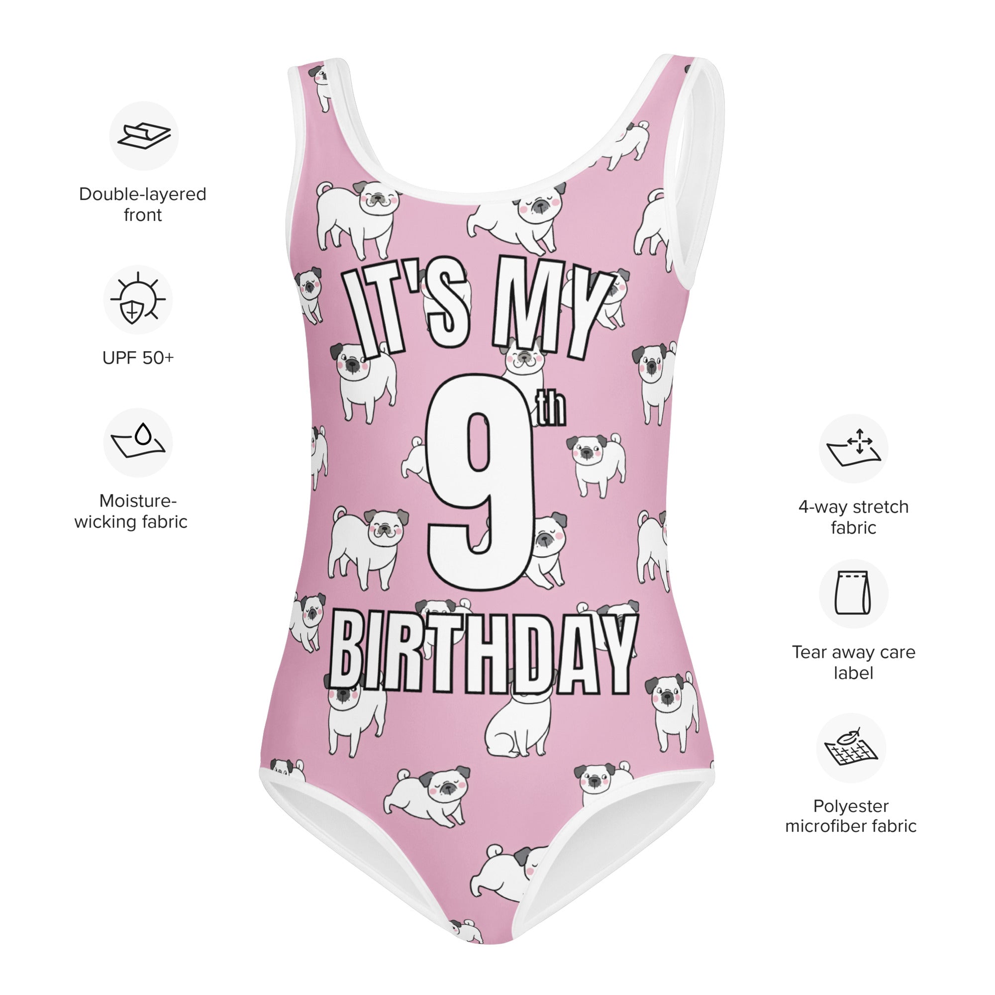 Girls Pink Pug Custom Age It's My Birthday Buttery Soft Leotard - Quick Drying For Dance and Gymnastics