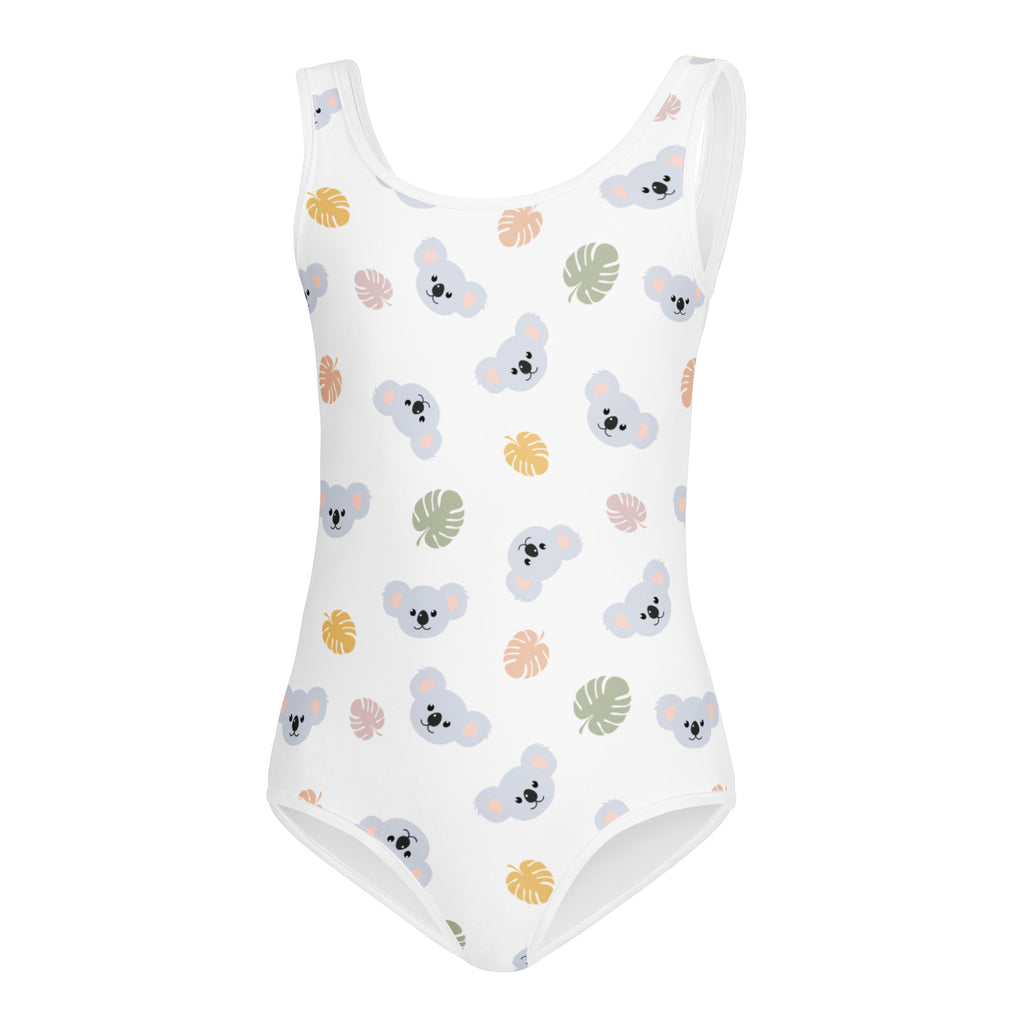 White girls koala bear buttery soft leotard with gray koalas and pastel leaves quick drying for dance and gymnastics