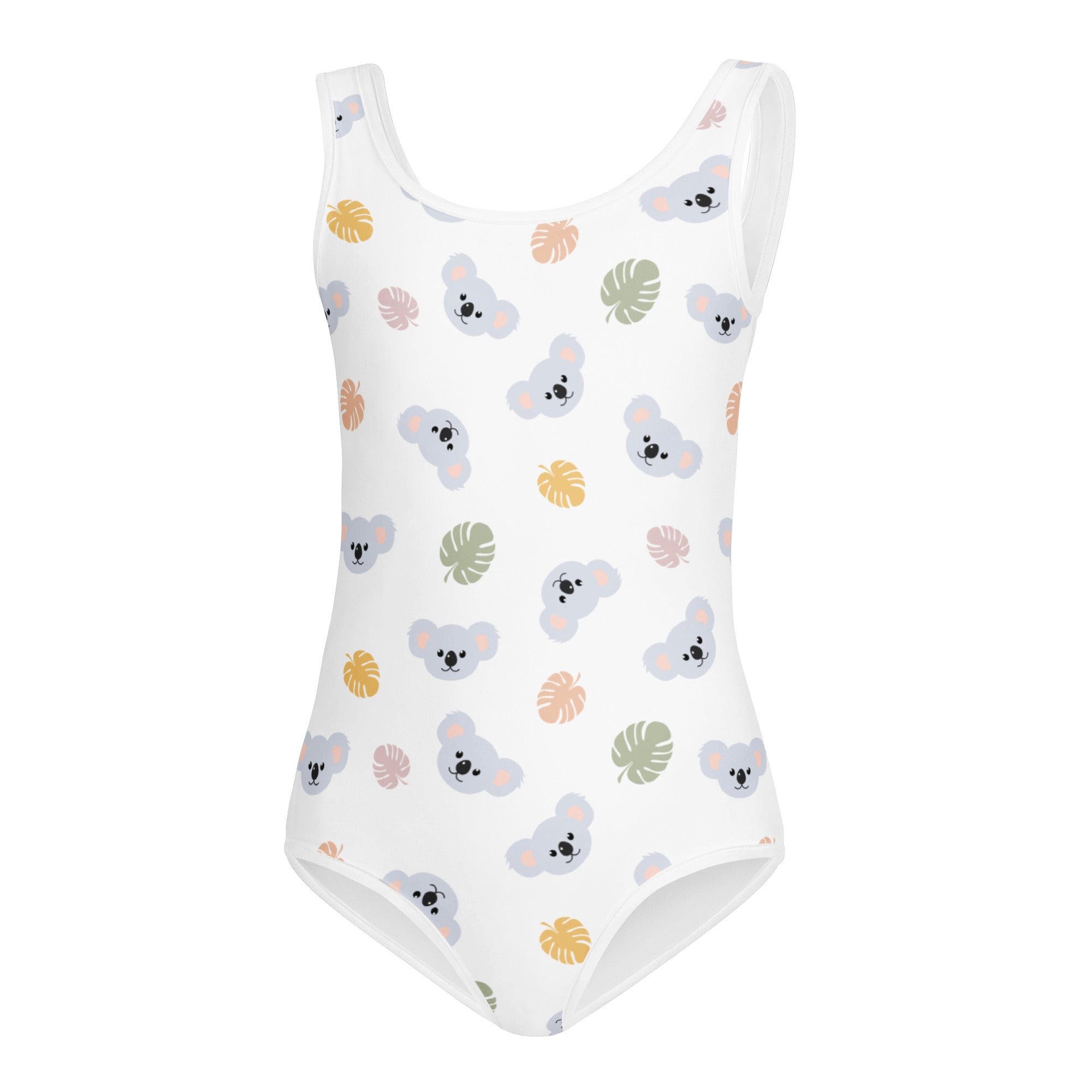 White girls koala bear buttery soft leotard with gray koalas and pastel leaves quick drying for dance and gymnastics