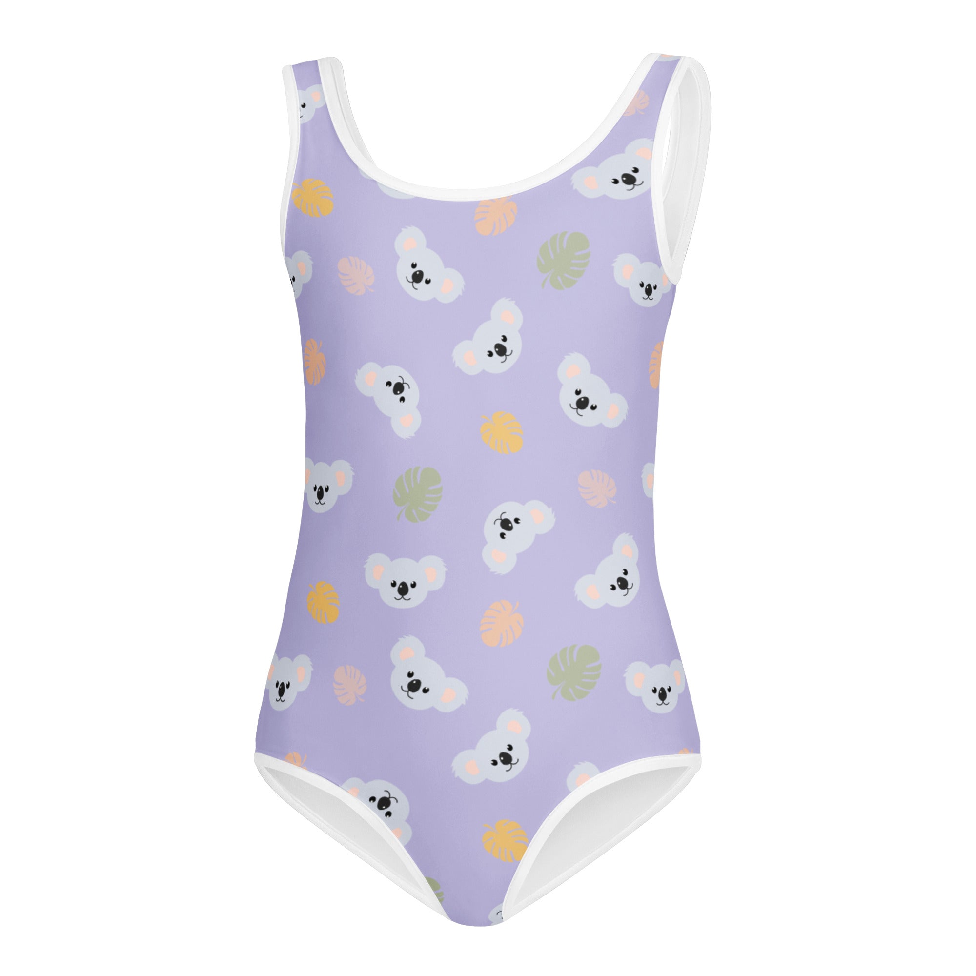 Girls koala bear buttery soft lavender leotard with white koala faces pastel leaves and white trim for dance and gymnastics
