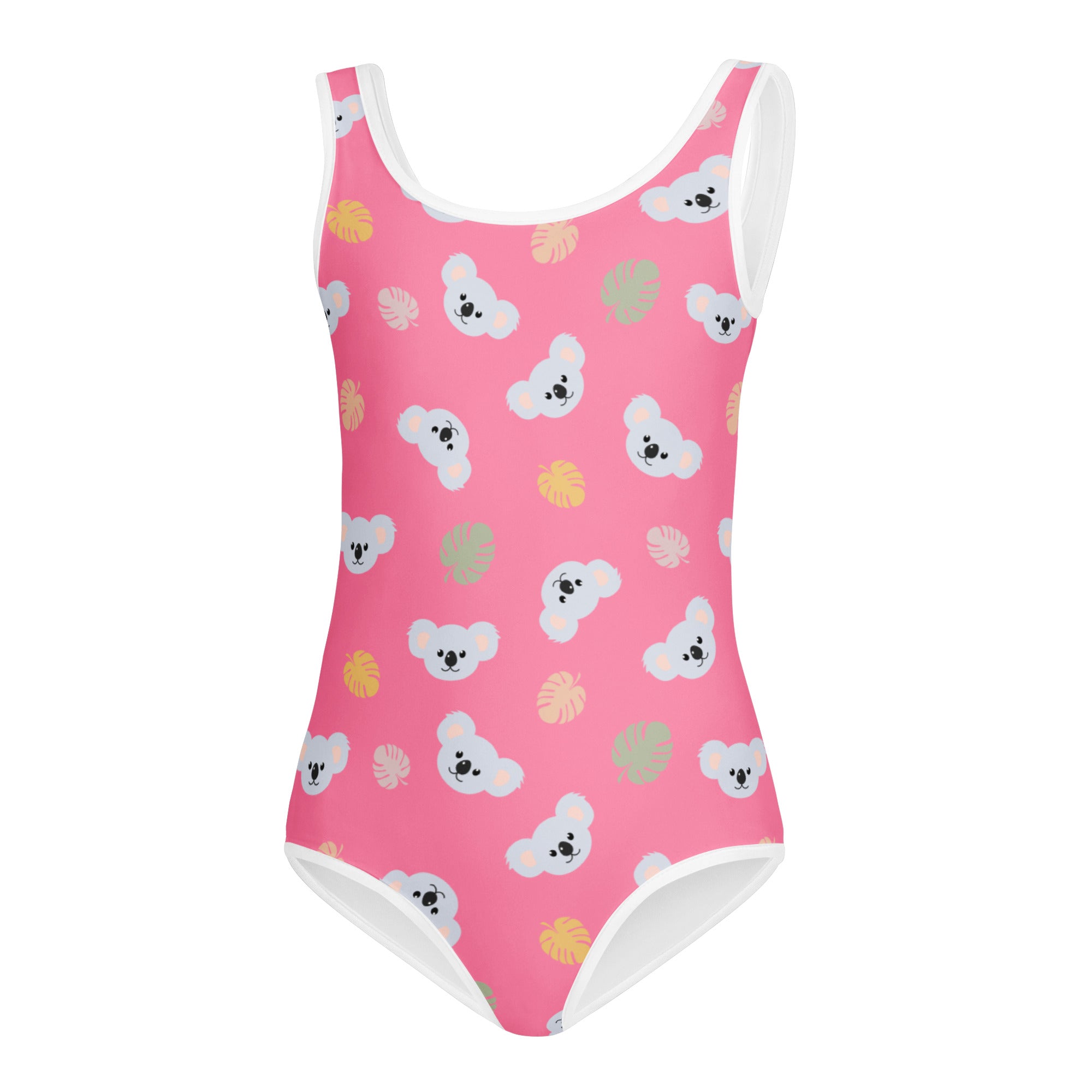 Girls koala bear buttery soft leotard in pink with white koala and leaf patterns quick drying for dance and gymnastics