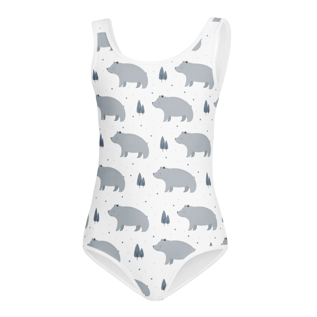 Girls white one-piece swimsuit with gray bear and tree pattern buttery soft quick drying for dance and gymnastics
