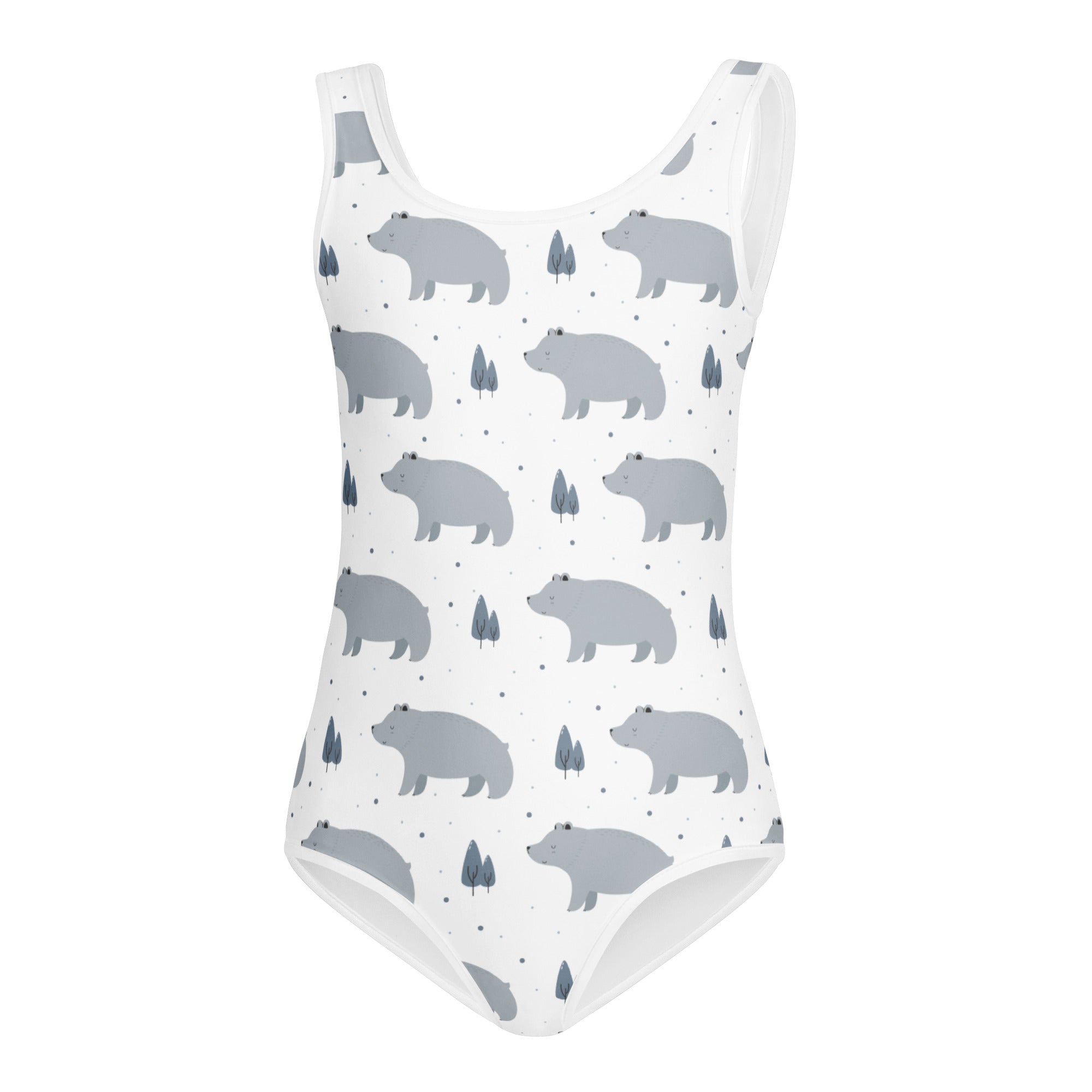 Girls white one-piece swimsuit with gray bear and tree pattern buttery soft quick drying for dance and gymnastics