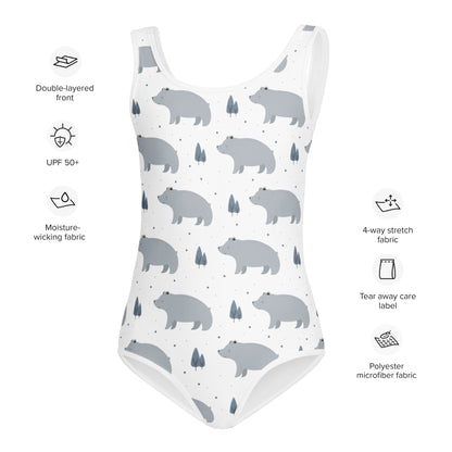 Girls White Gray Bear Buttery Soft Leotard - Quick Drying For Dance and Gymnastics