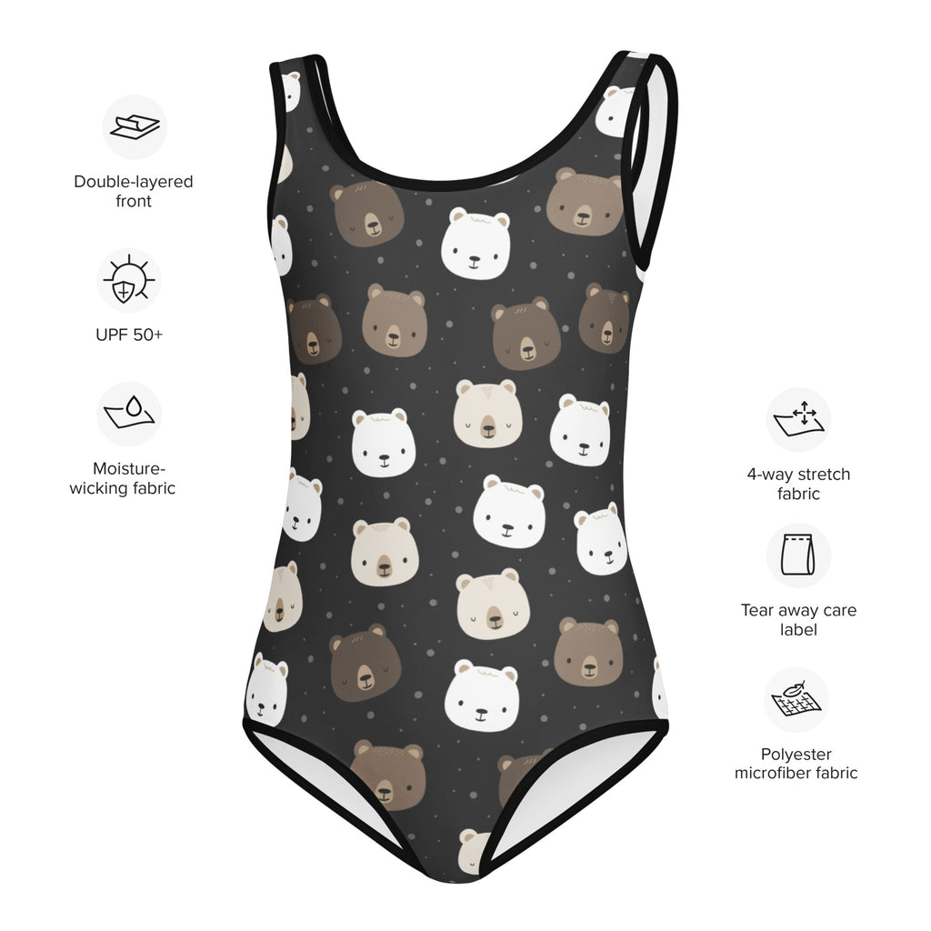 Girls black bear face buttery soft leotard with playful white and brown bear pattern quick drying for dance and gymnastics