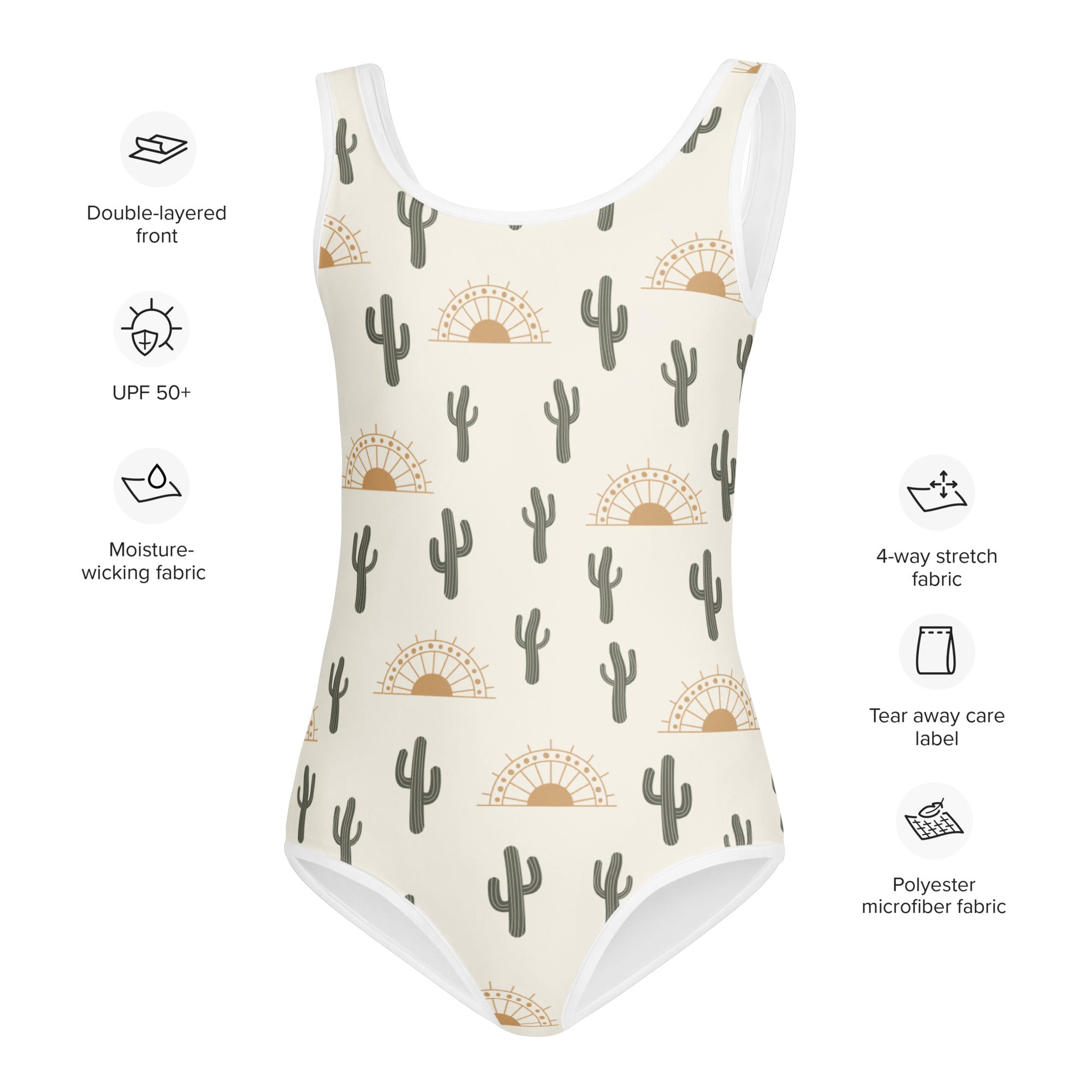 Girls cream-colored one-piece swimsuit with cactus and sun motif made from polyester microfiber for dance and gymnastics