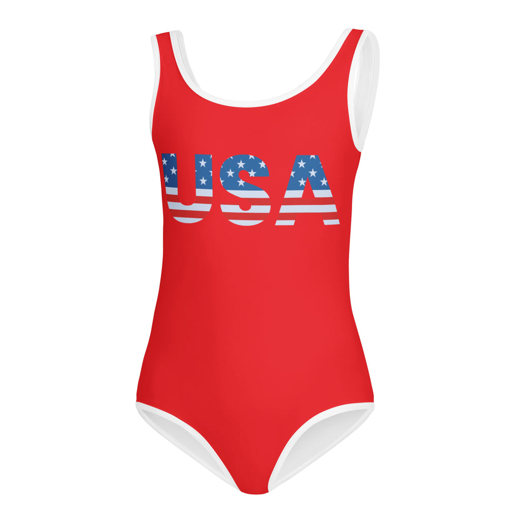 Girls usa buttery soft red one-piece swimsuit with white trim and stars and stripes for dance and gymnastics