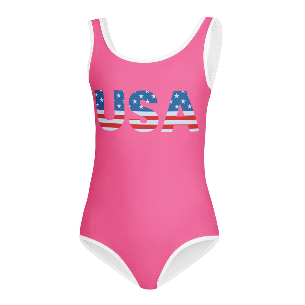 Girls usa buttery soft leotard in pink with white trim and usa flag print quick drying for dance and gymnastics