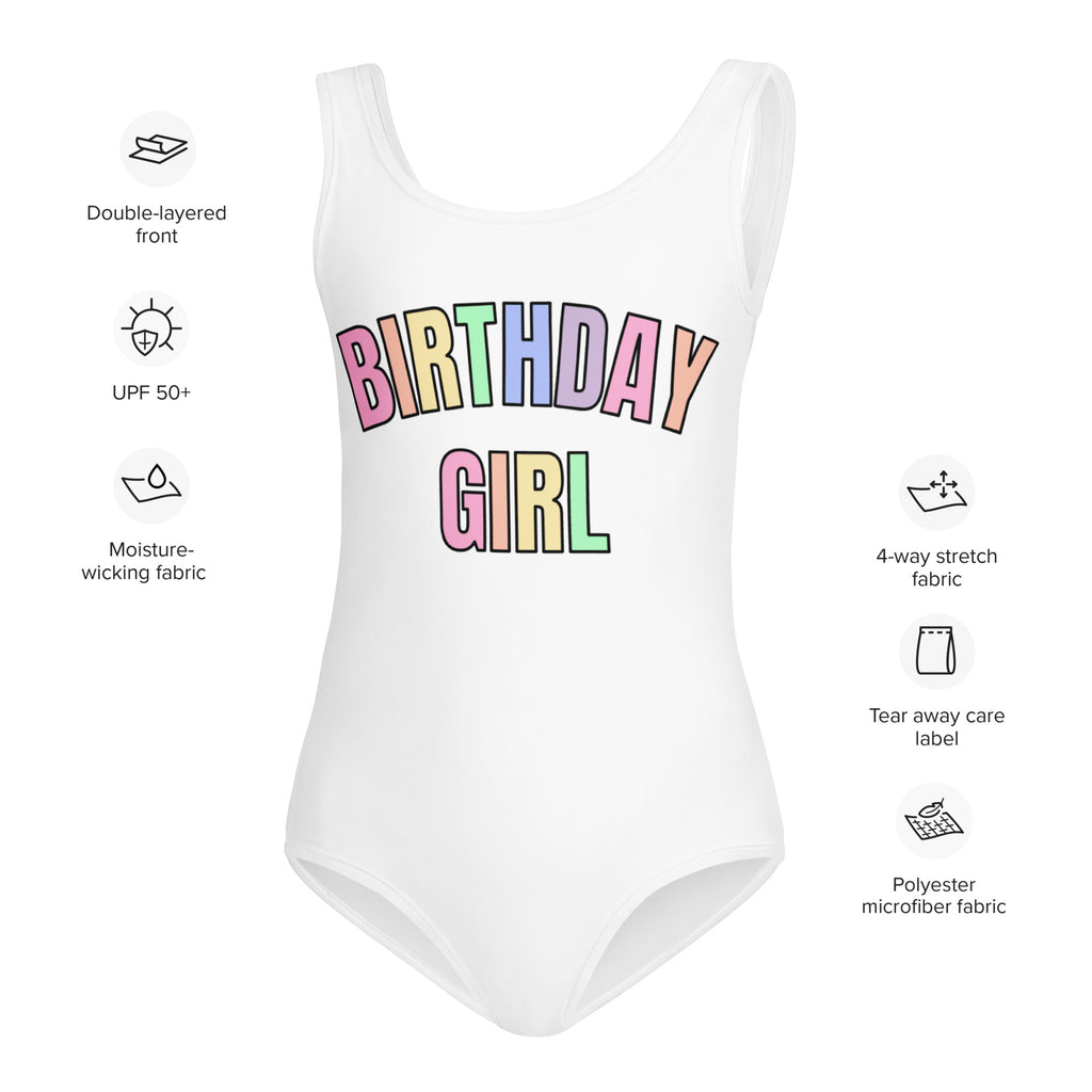 Birthday Girl Leotard With Pastel Rainbow Font - Quick Drying For Dance and Gymnastics