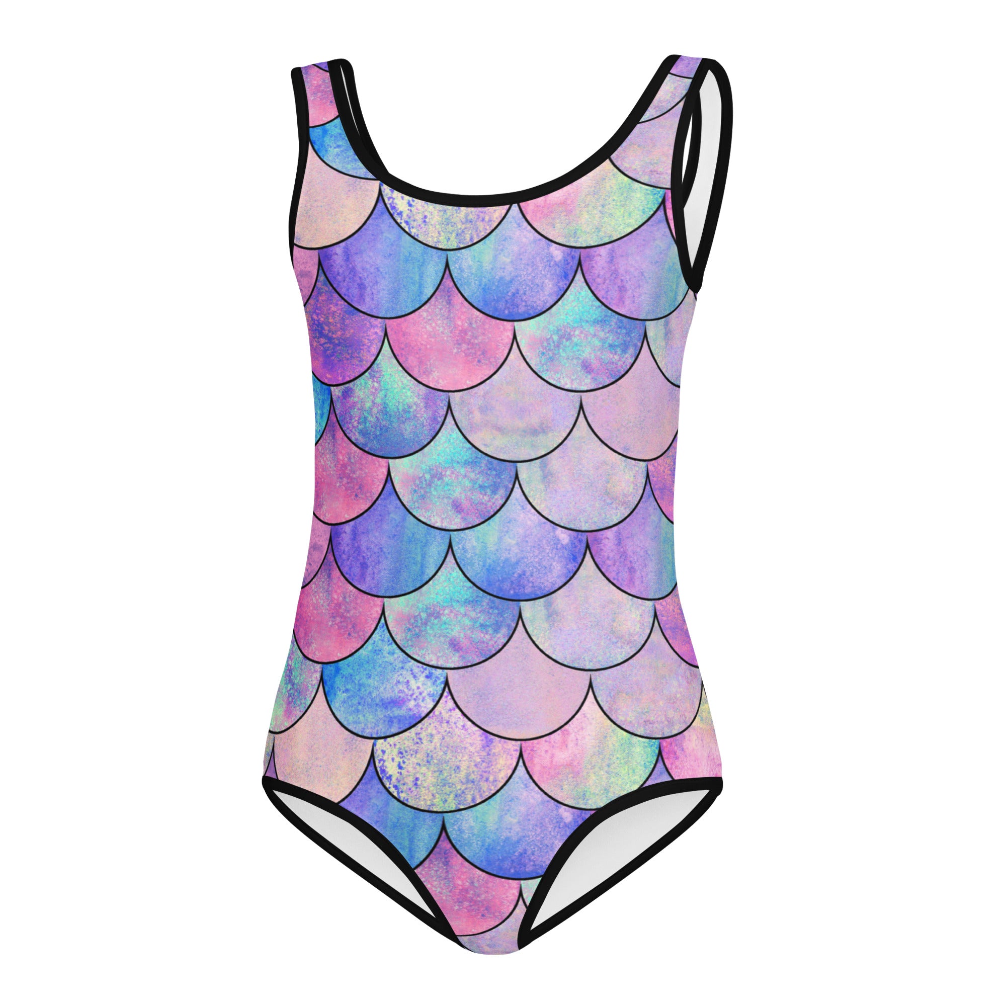 Girls mermaid scale buttery soft one-piece swimsuit with vibrant iridescent pattern and black trim for dance and gymnastics