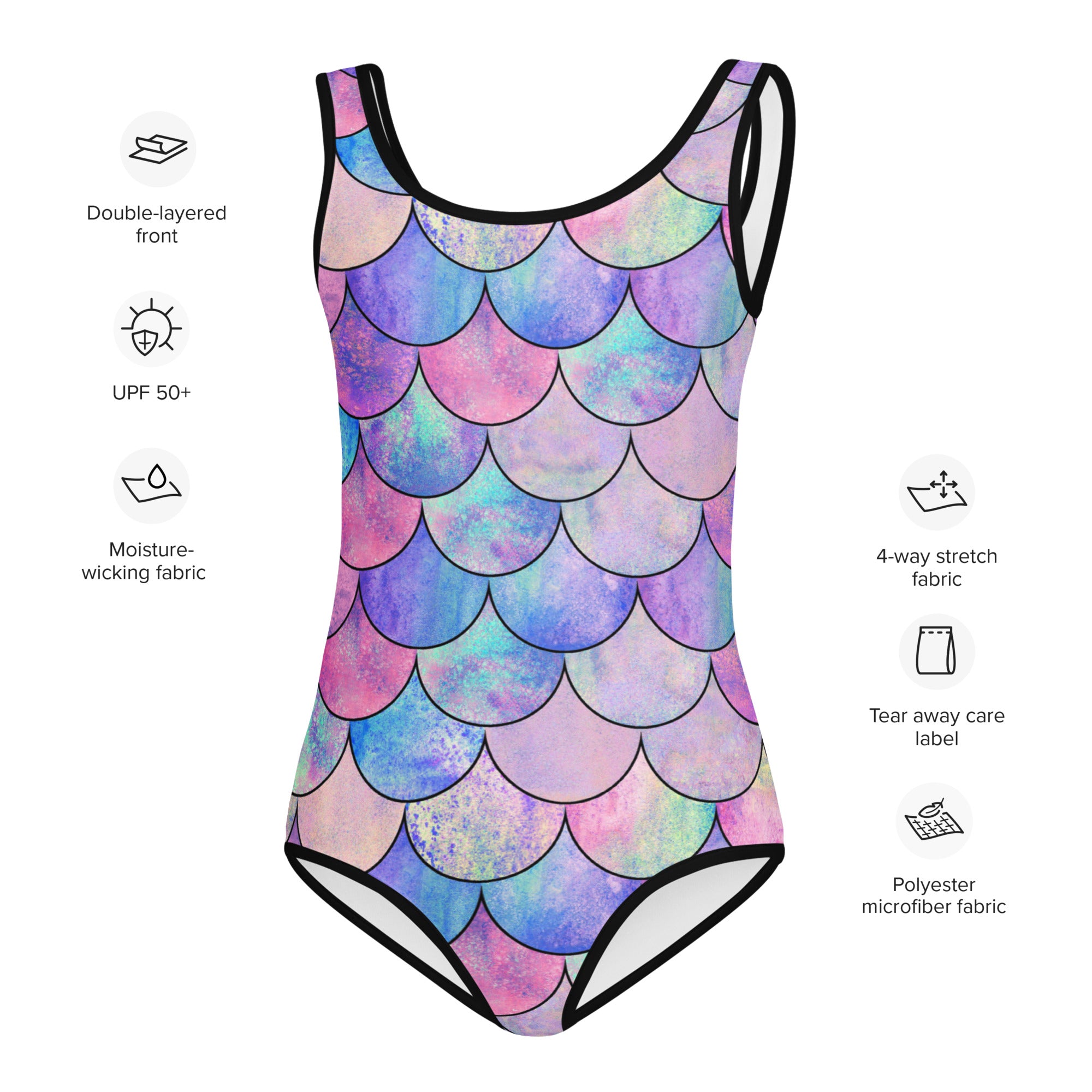 Girls mermaid scale buttery soft leotard with vibrant pastel iridescent pattern and black trim for dance and gymnastics