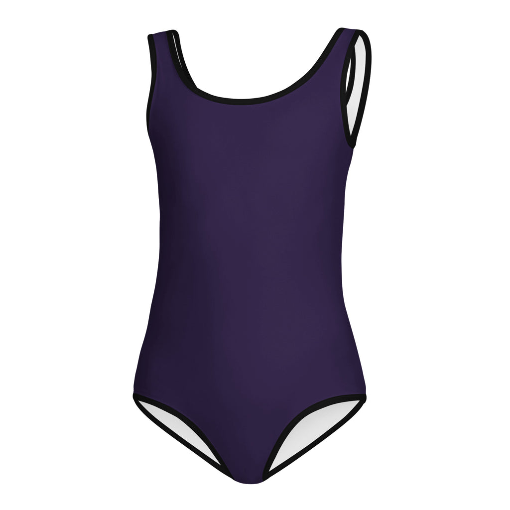 Girls dark purple buttery soft leotard with black trim quick drying for dance and gymnastics in a sleek one-piece design