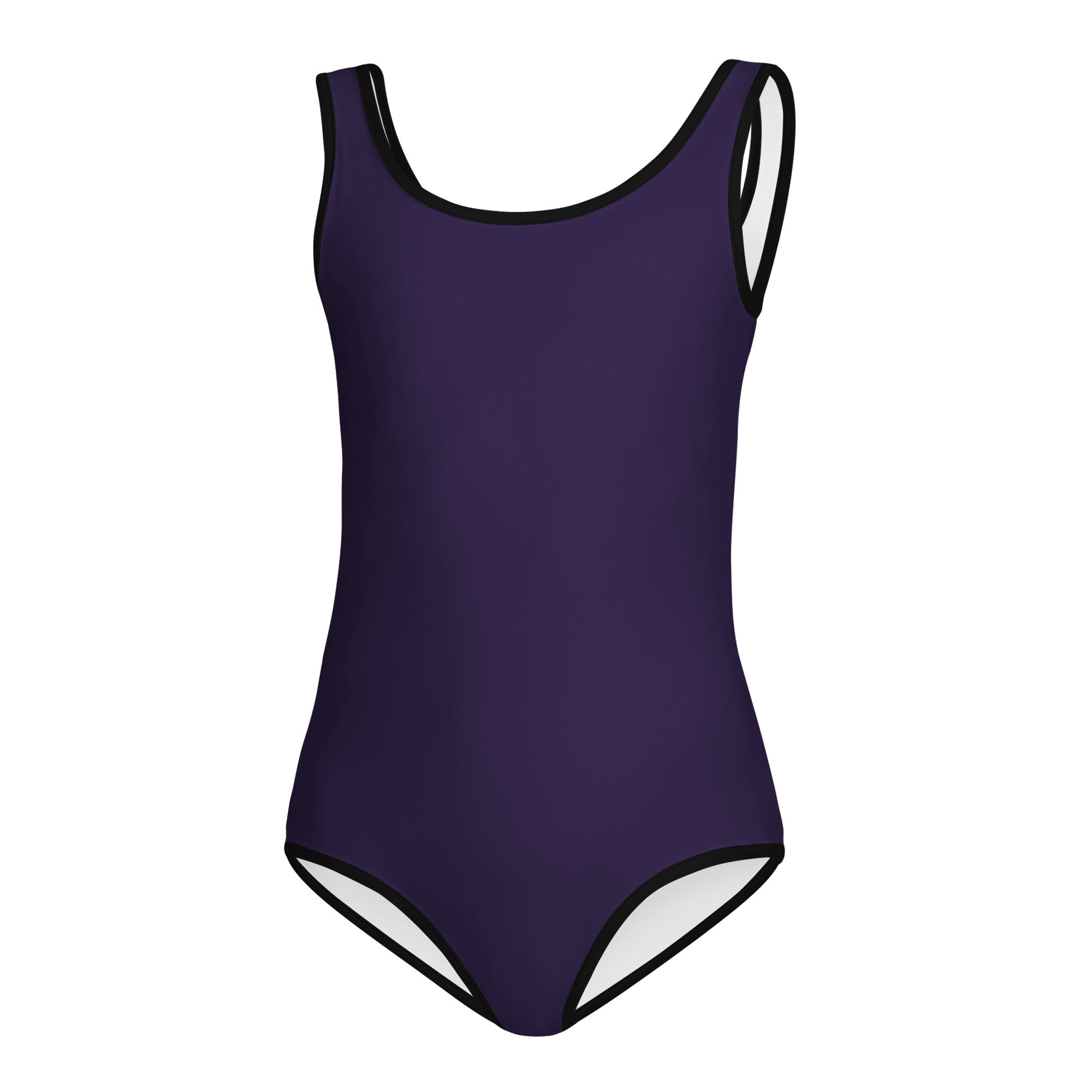 Girls dark purple buttery soft leotard with black trim quick drying for dance and gymnastics in a sleek one-piece design