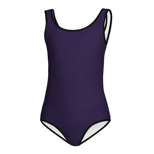 Girls dark purple buttery soft leotard with black trim quick drying for dance and gymnastics in a sleek one-piece design