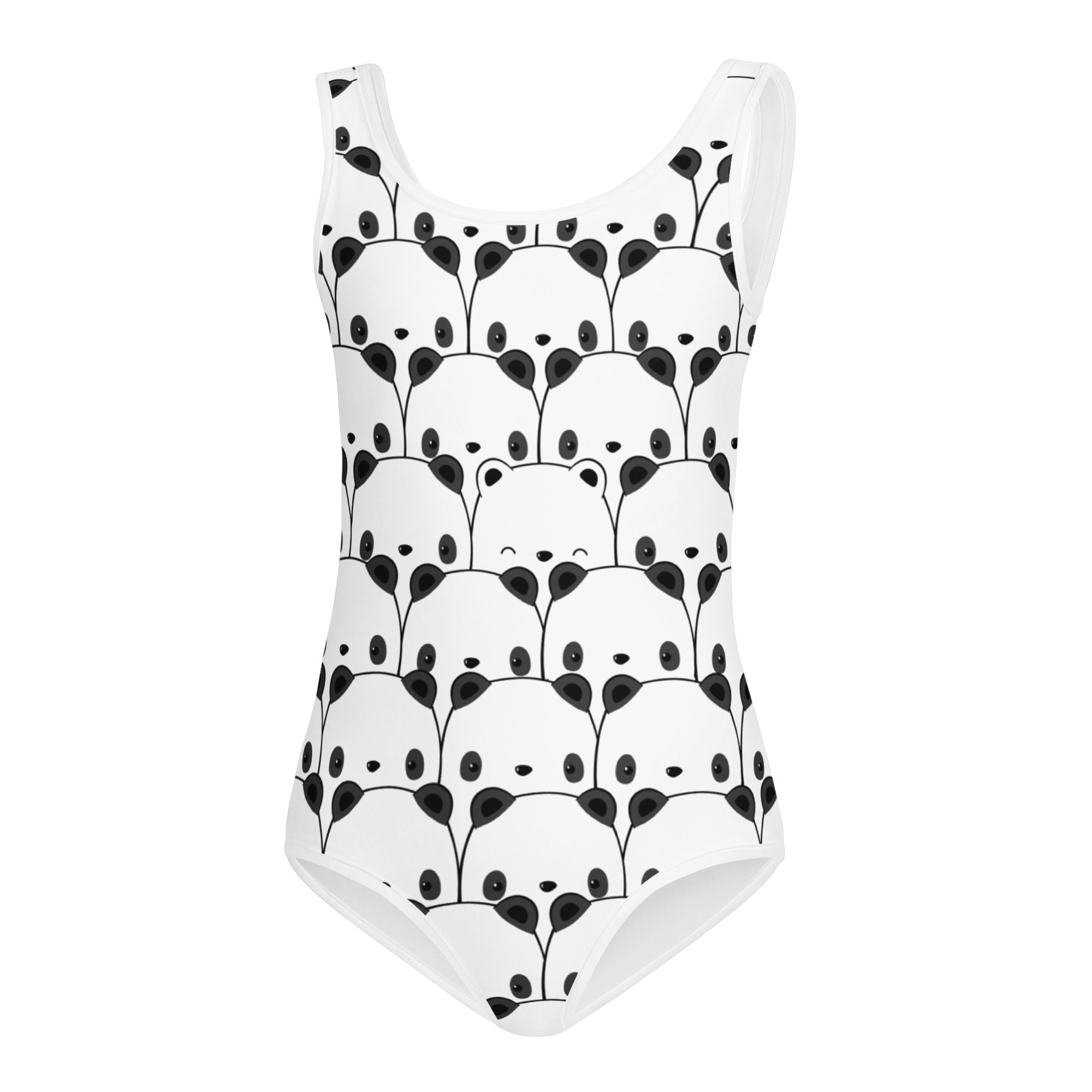 White one-piece swimsuit with playful black panda face pattern and leafy stems for girls quick-drying and buttery soft